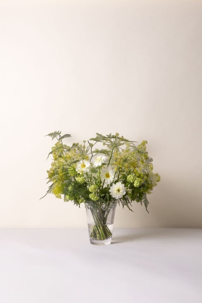 Homestyle Collective clear glass vase with a bouquet of white daisies and greenery. 15cm.
