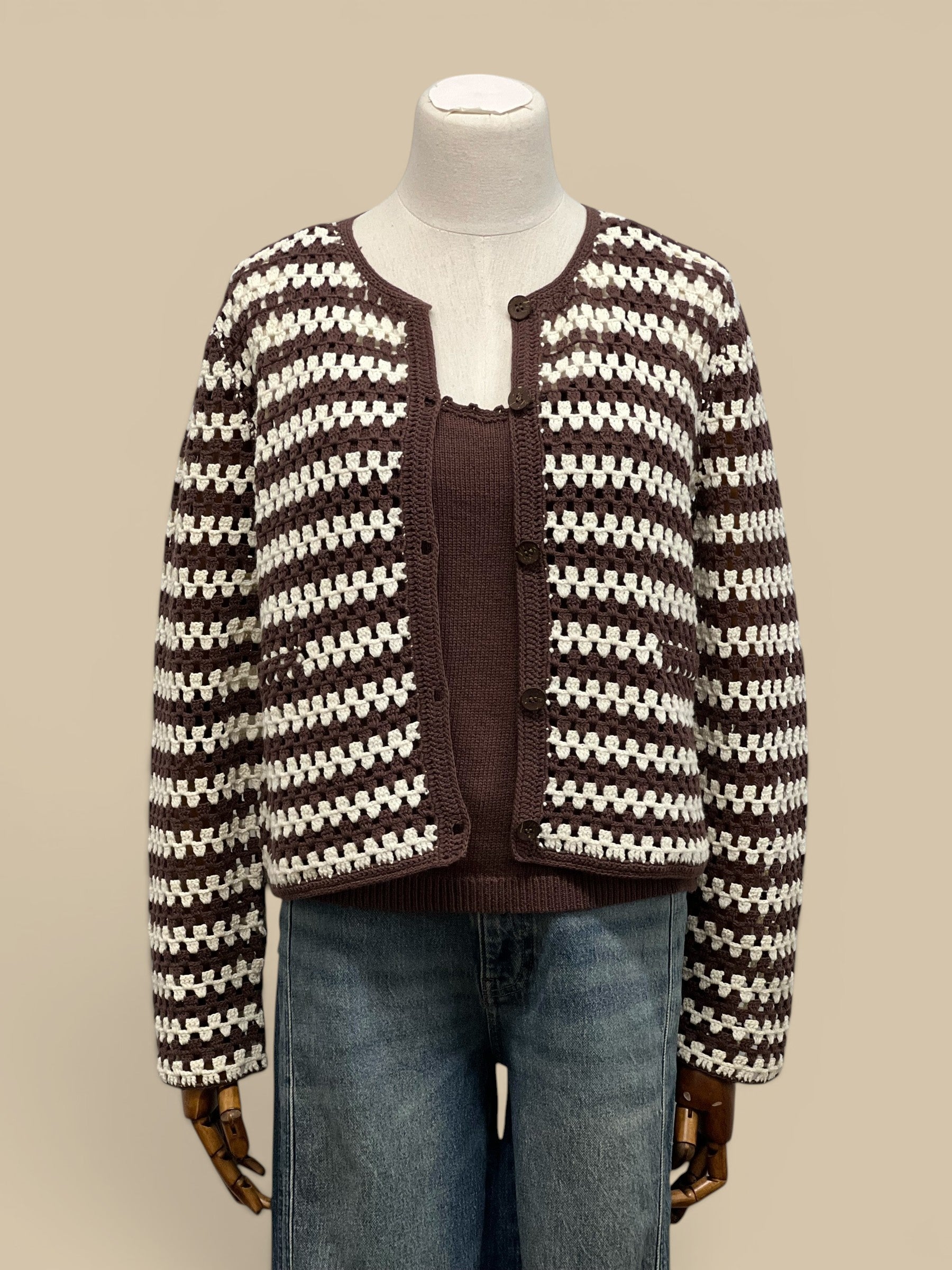 Homestyle Collective Coco brown and ecru striped crochet knit cardigan with button front and round neck.