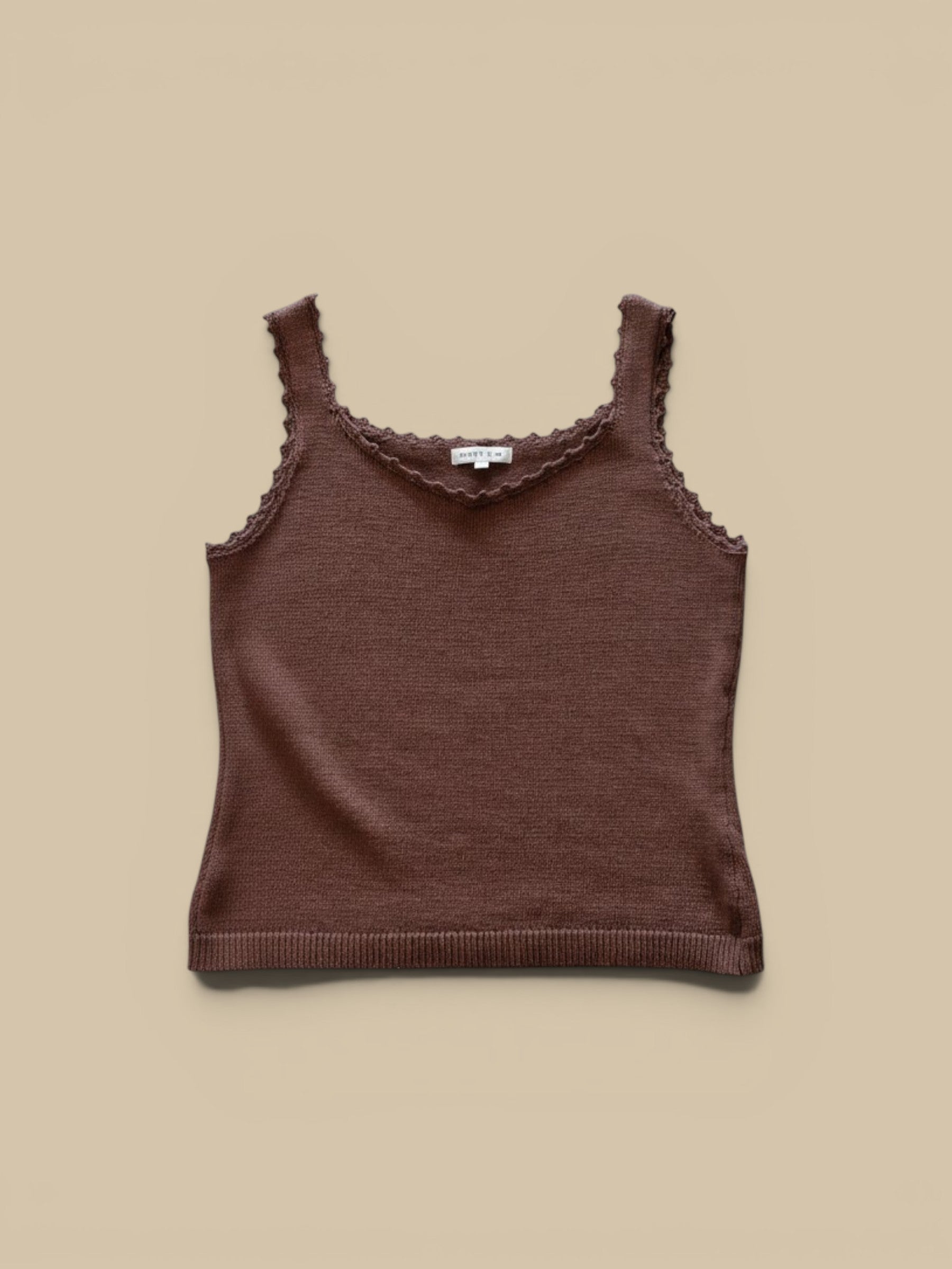 Homestyle Collective Coco Brown hand knit crochet tank top with scalloped trim and V-neck.