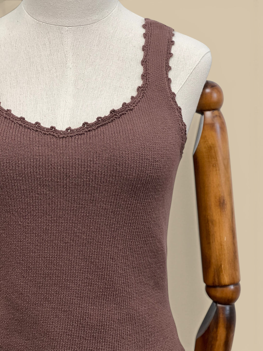 Homestyle Collective Coco Brown hand knit crochet tank top with scalloped neckline. Ribbed knit fabric.