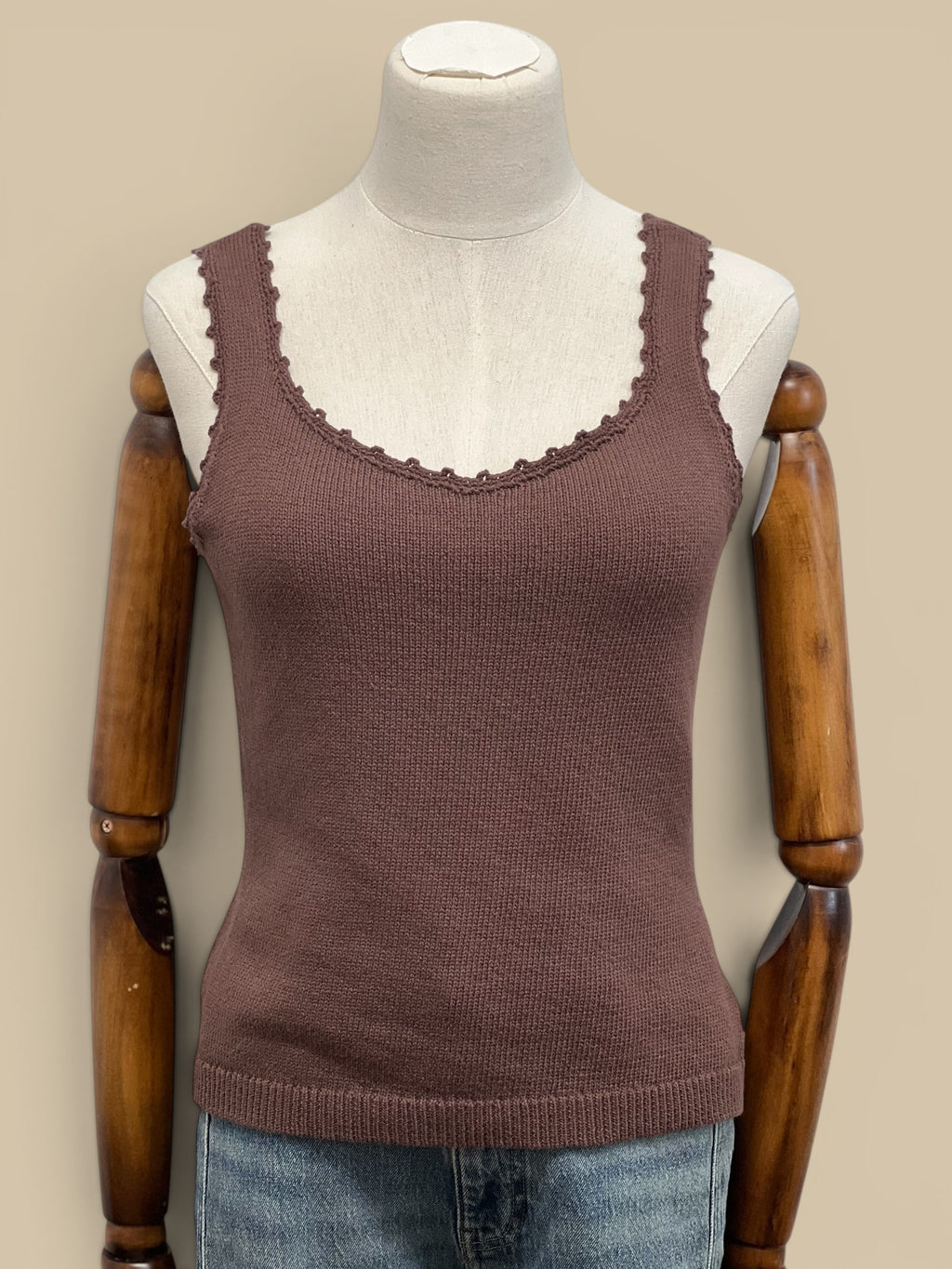 Homestyle Collective Coco Brown hand knit crochet tank top with scalloped trim. Ribbed knit.