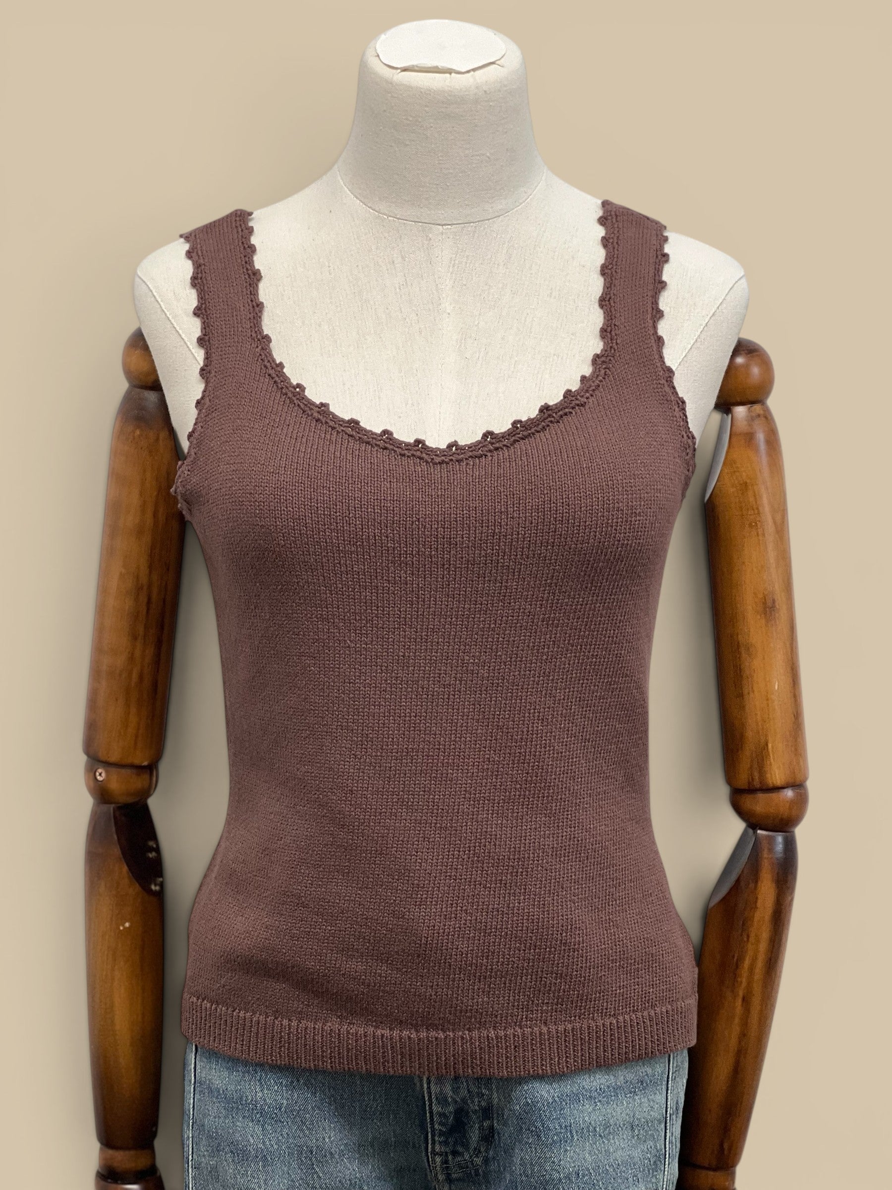 Homestyle Collective Coco Brown hand knit crochet tank top with scalloped trim. Ribbed knit.