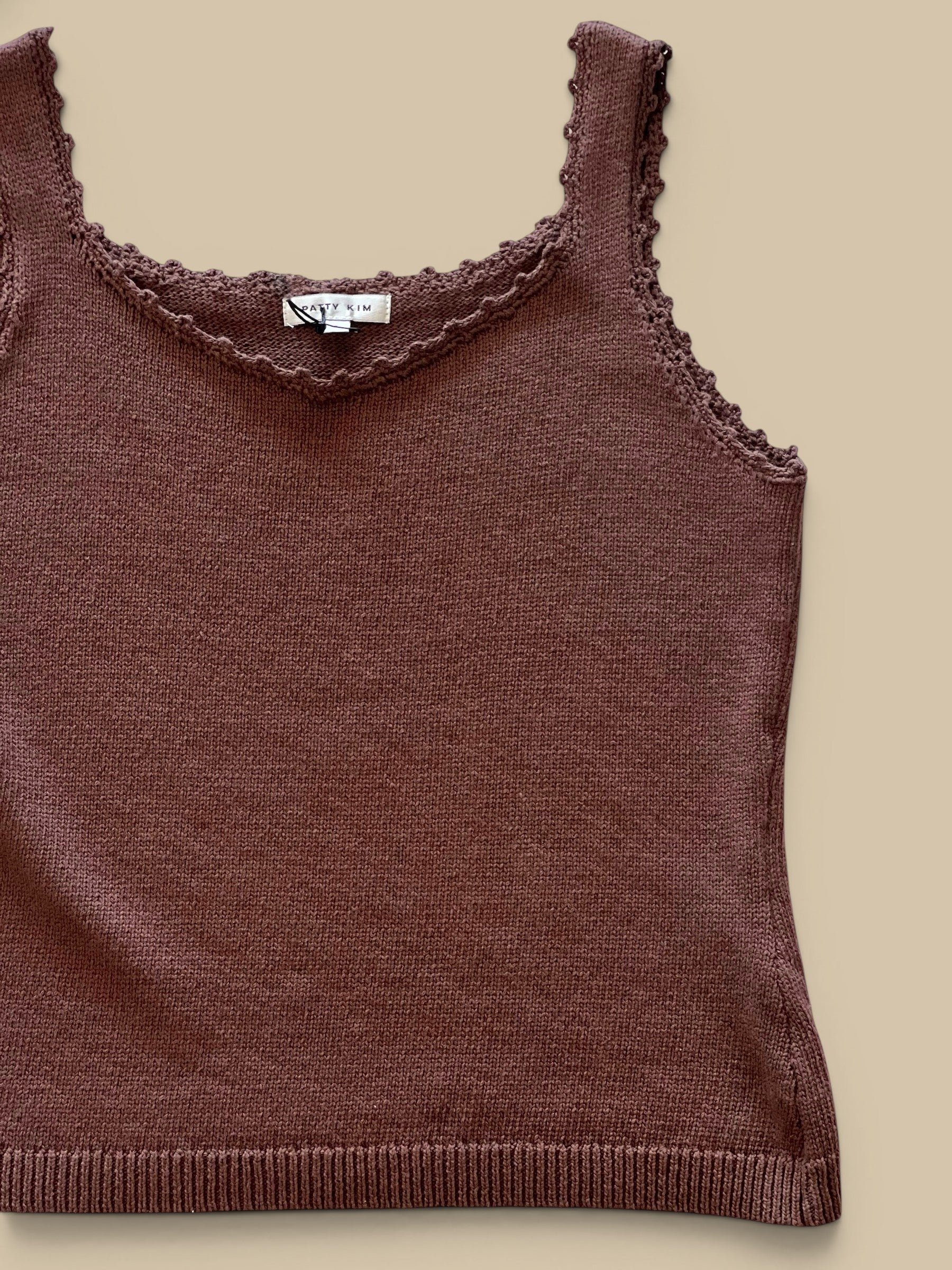 Homestyle Collective Coco brown knit crochet tank top with scalloped trim and square neckline.