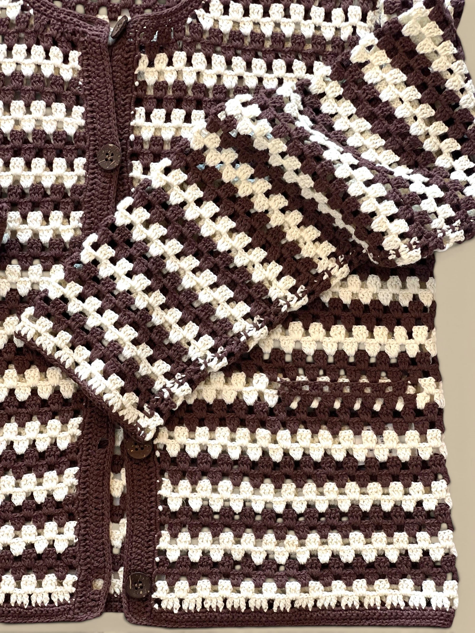 Homestyle Collective Coco/Ecru hand-knit 100% cotton crochet cardigan with button front and striped pattern.