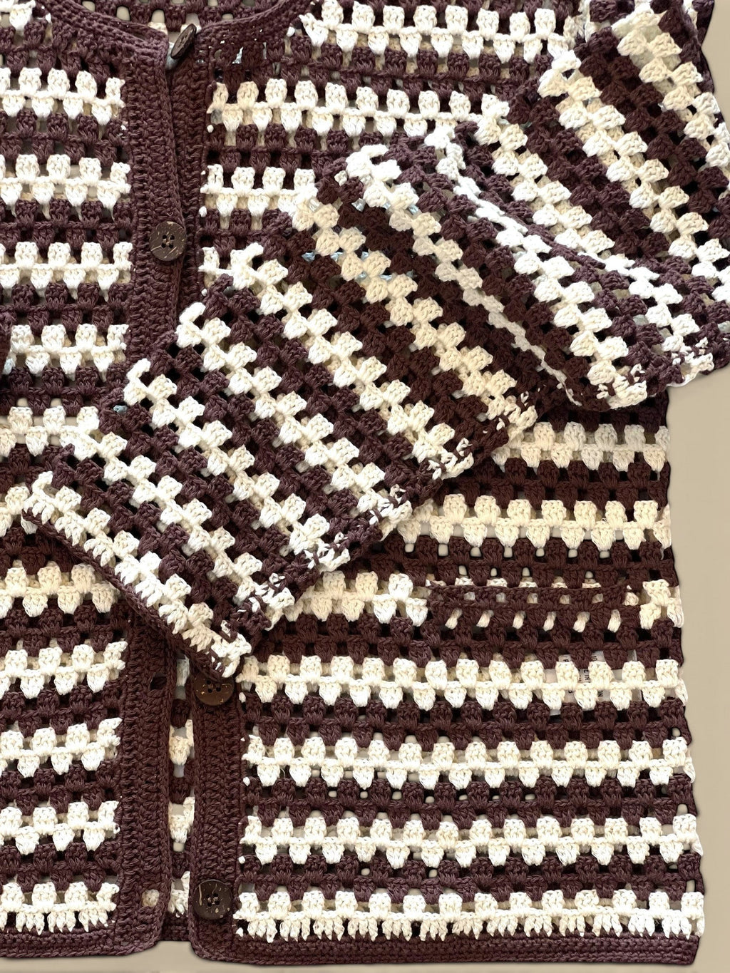 Homestyle Collective Coco/Ecru hand-knit 100% cotton crochet cardigan with button front and striped pattern.