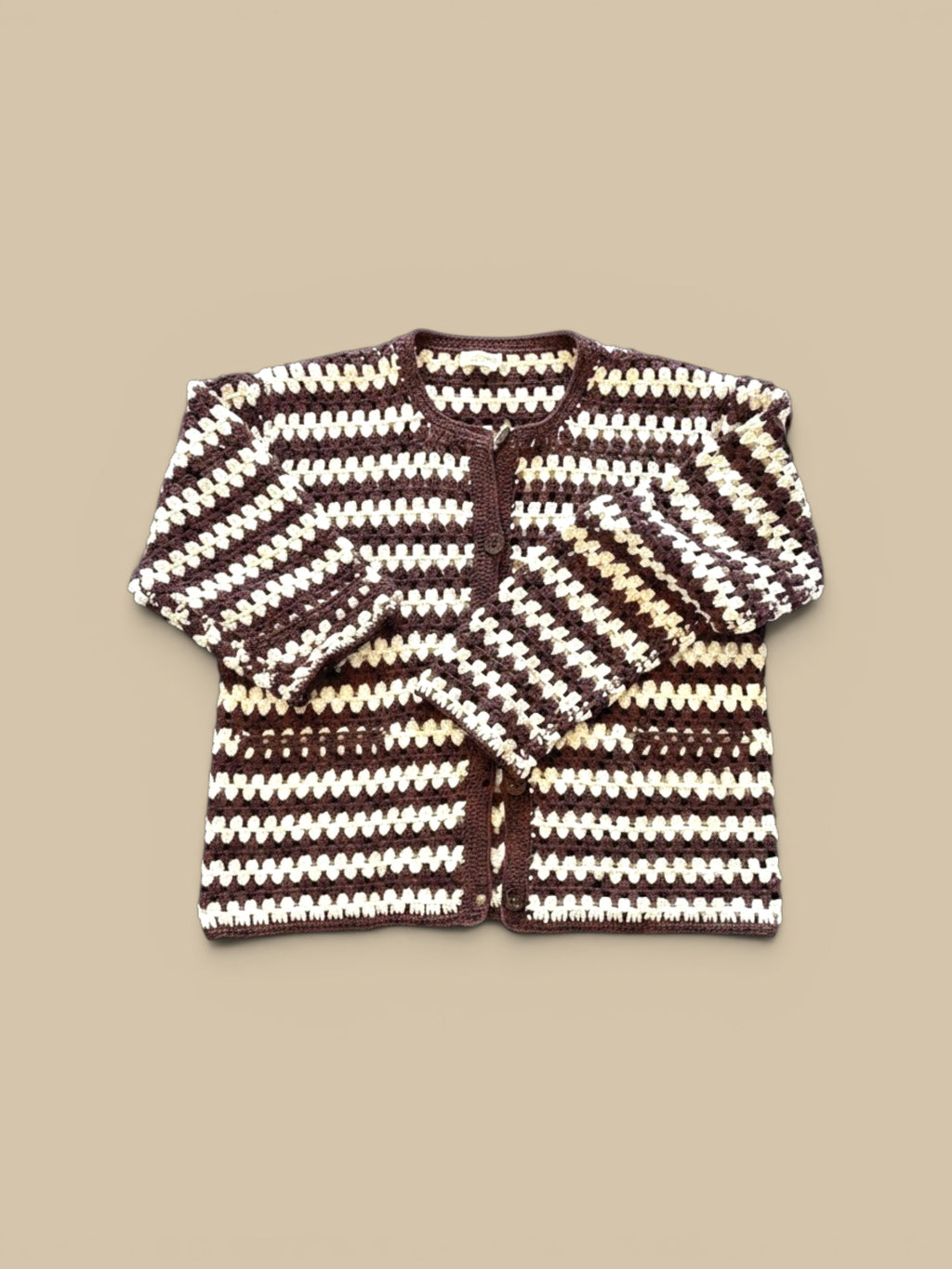 Homestyle Collective Coco/Ecru hand-knit 100% cotton crochet cardigan with button front and granny square pattern.