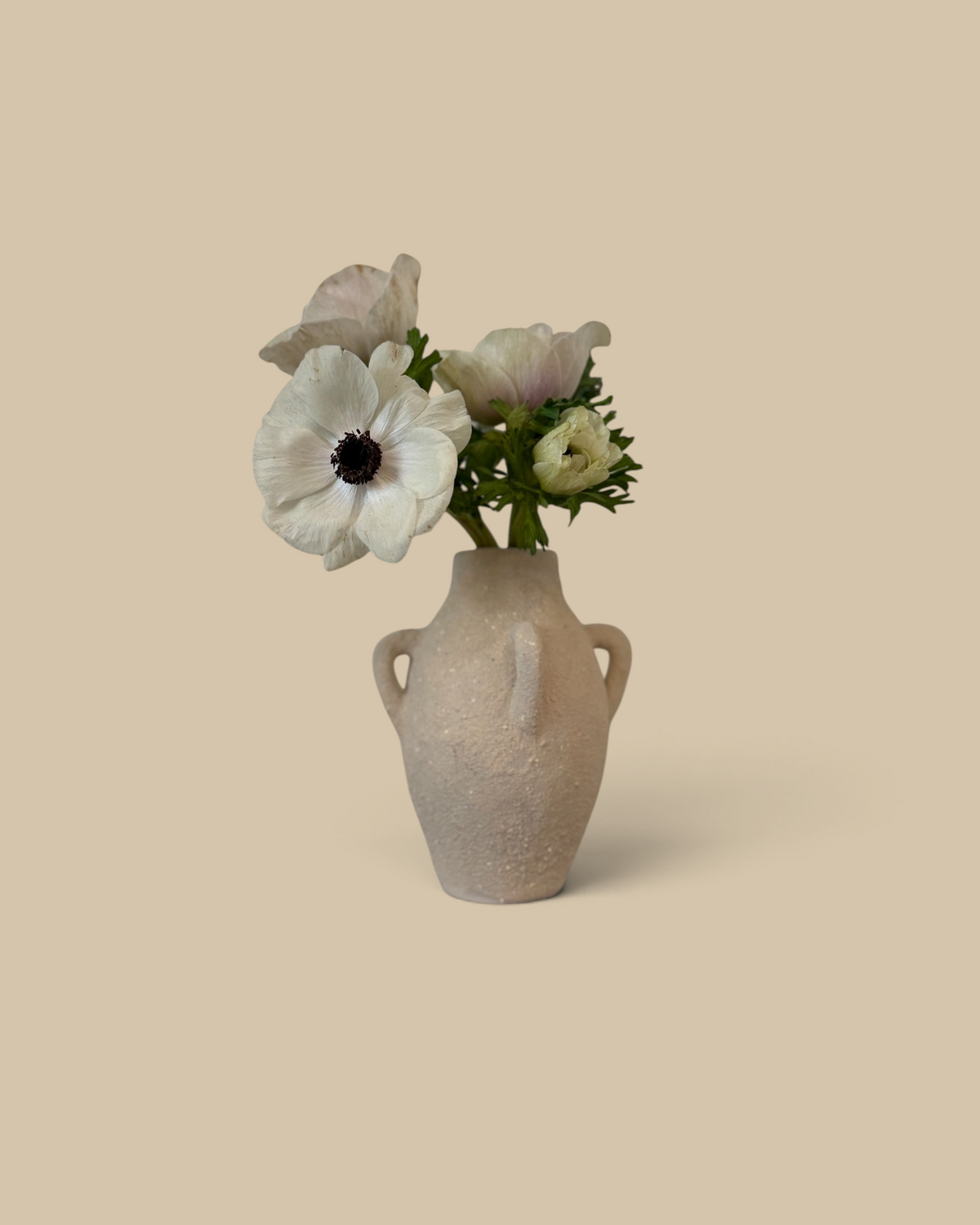 Homestyle Collective cream clay vase with four handles holding white anemone flowers on a marble mantel