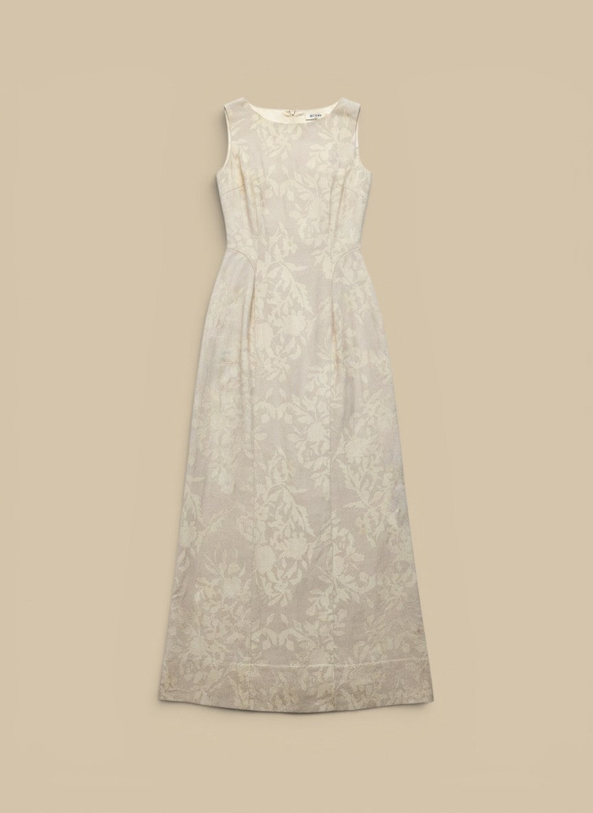 Homestyle Collective sleeveless cream linen maxi dress featuring a subtle tone-on-tone floral jacquard pattern.