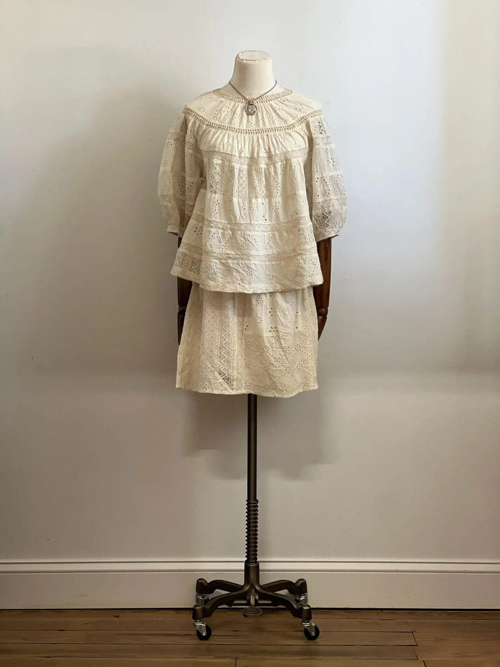 Homestyle Collective Dureya Moonbeam eyelet cotton top and matching skirt set with delicate lace trim and raglan sleeves