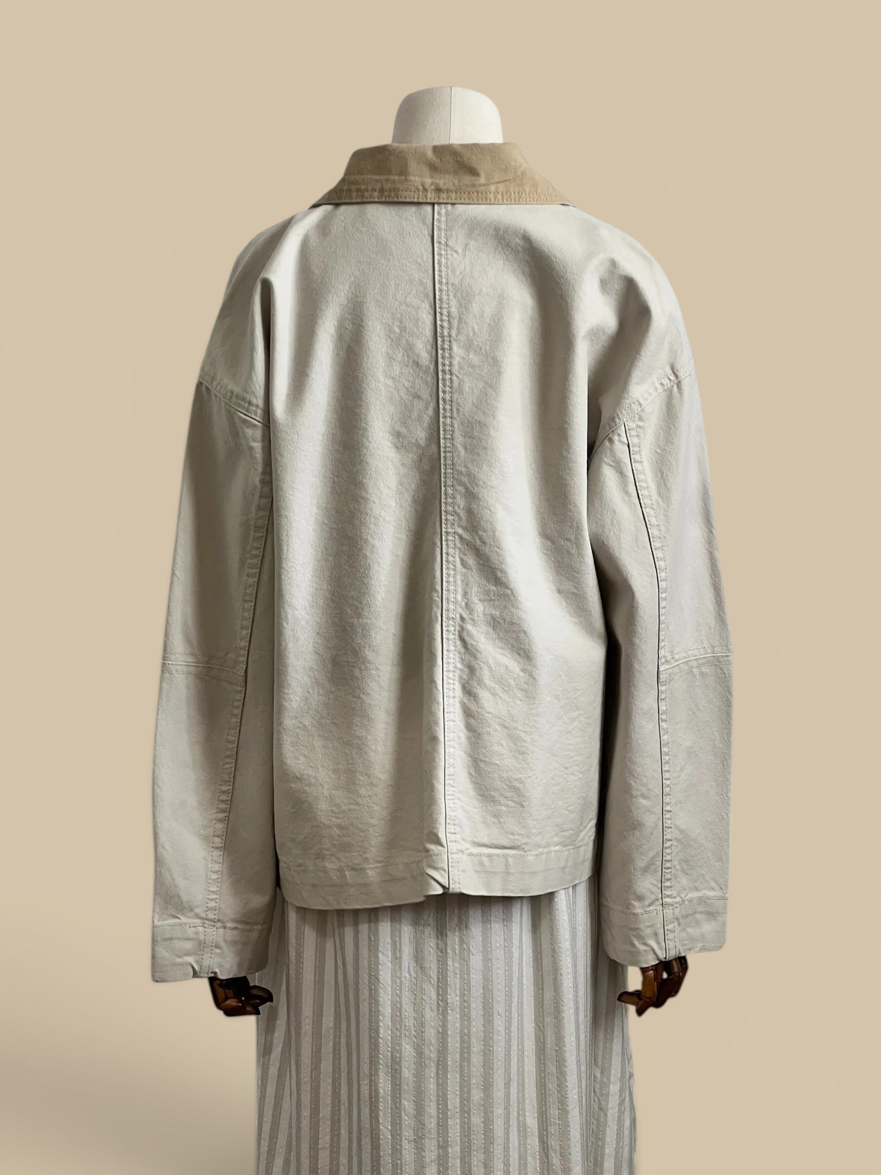 Homestyle Collective ecru 100% cotton Mildred Barn Jacket with contrast collar and oversized fit.