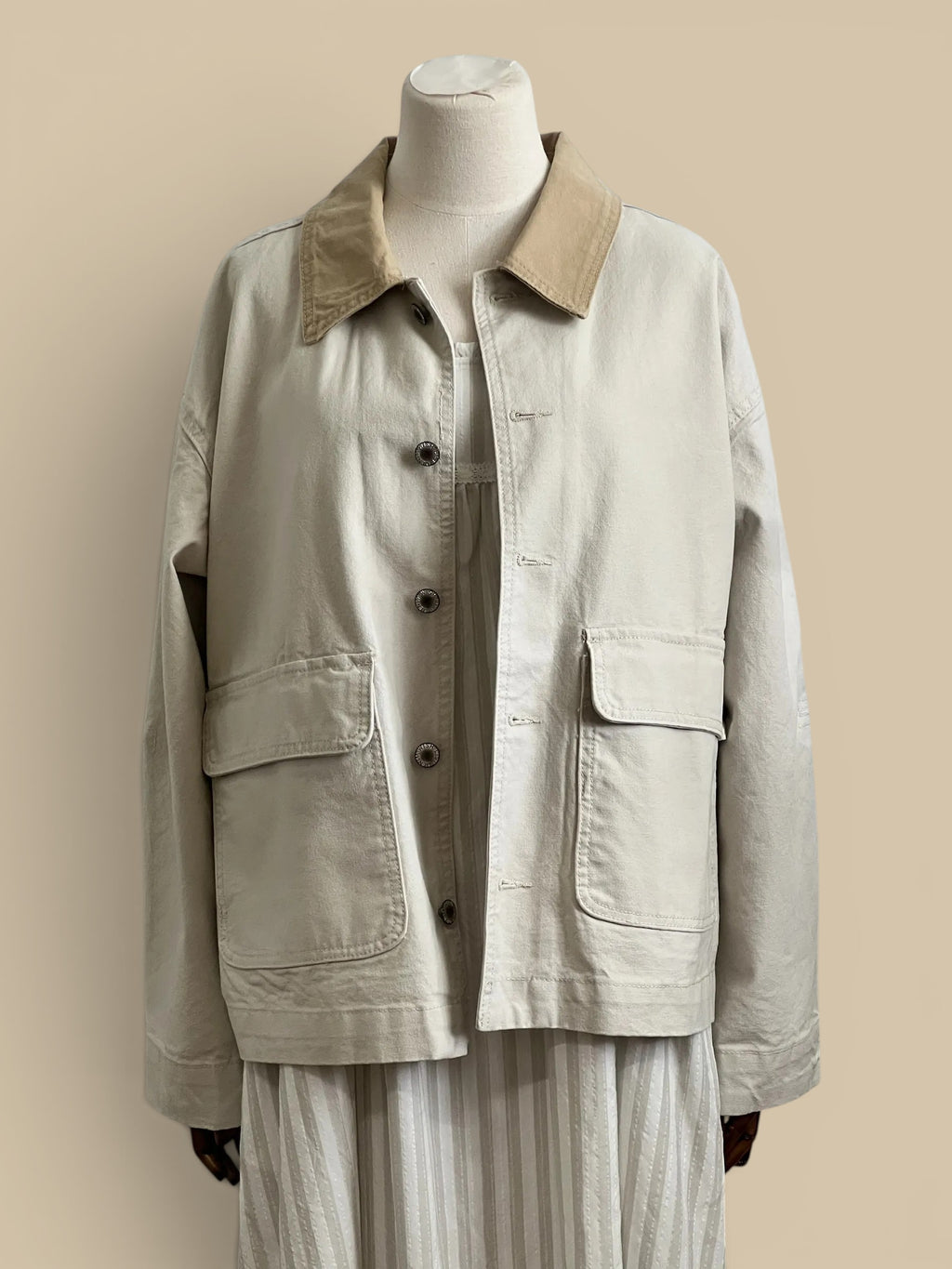 Homestyle Collective ecru 100% cotton barn jacket with contrast collar and oversized fit.