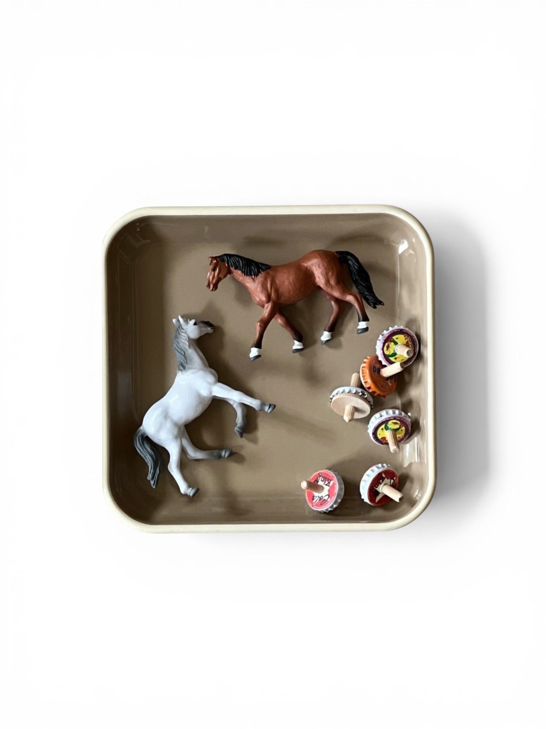 Homestyle Collective Enameled Square Plates in tan, 8 inches, perfect for kitchen or decor.