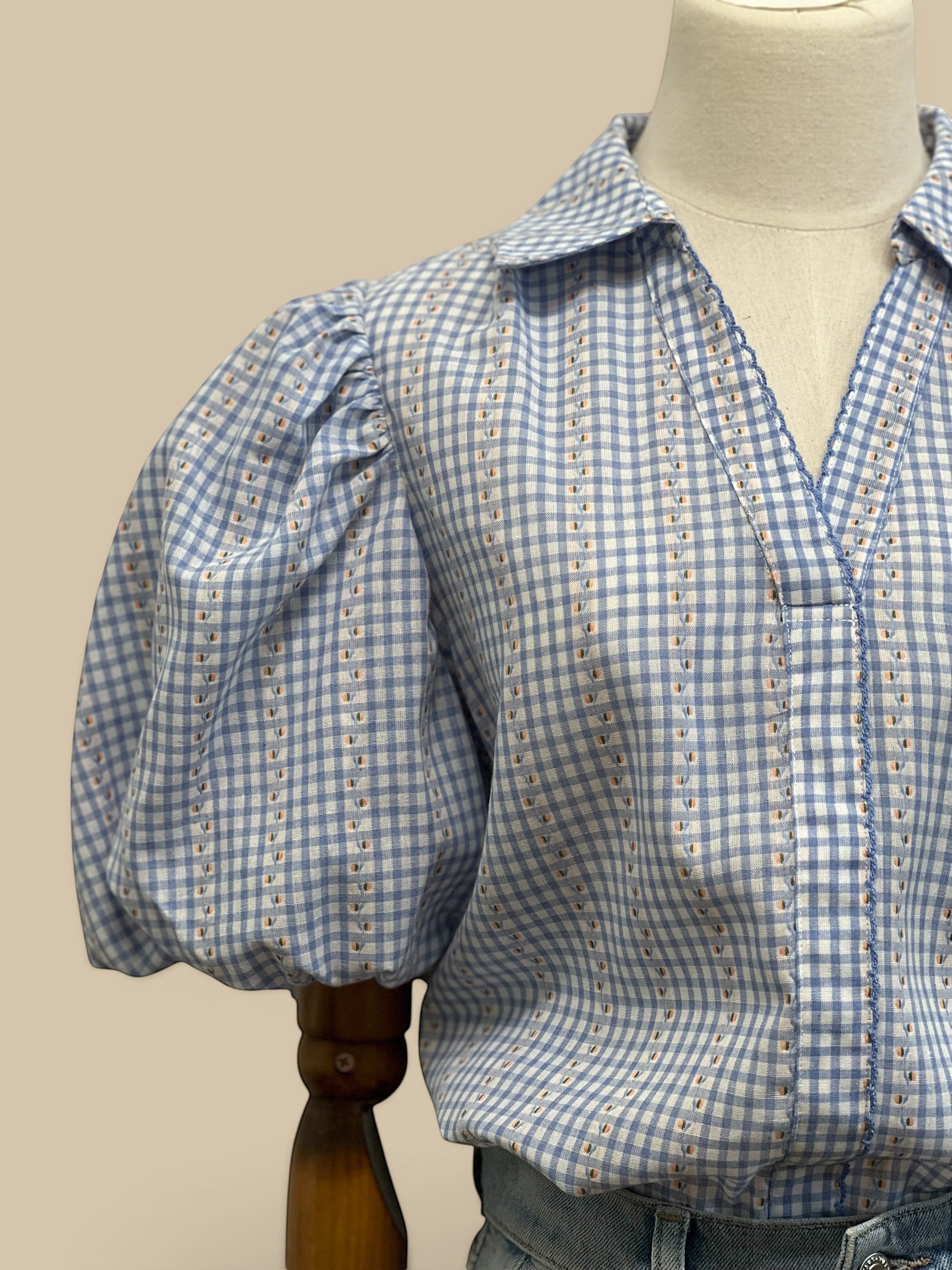 Homestyle Collective blue and white gingham blouse with puff sleeves and floral embroidery detail.