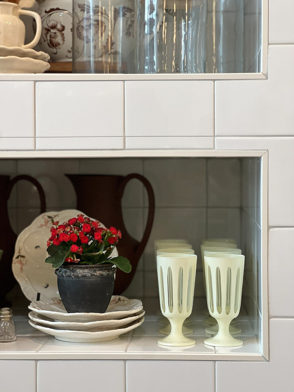 Homestyle Collective Empire Footed Ale Set of 2 glasses in powder white with vertical ribbed detail and a footed base.