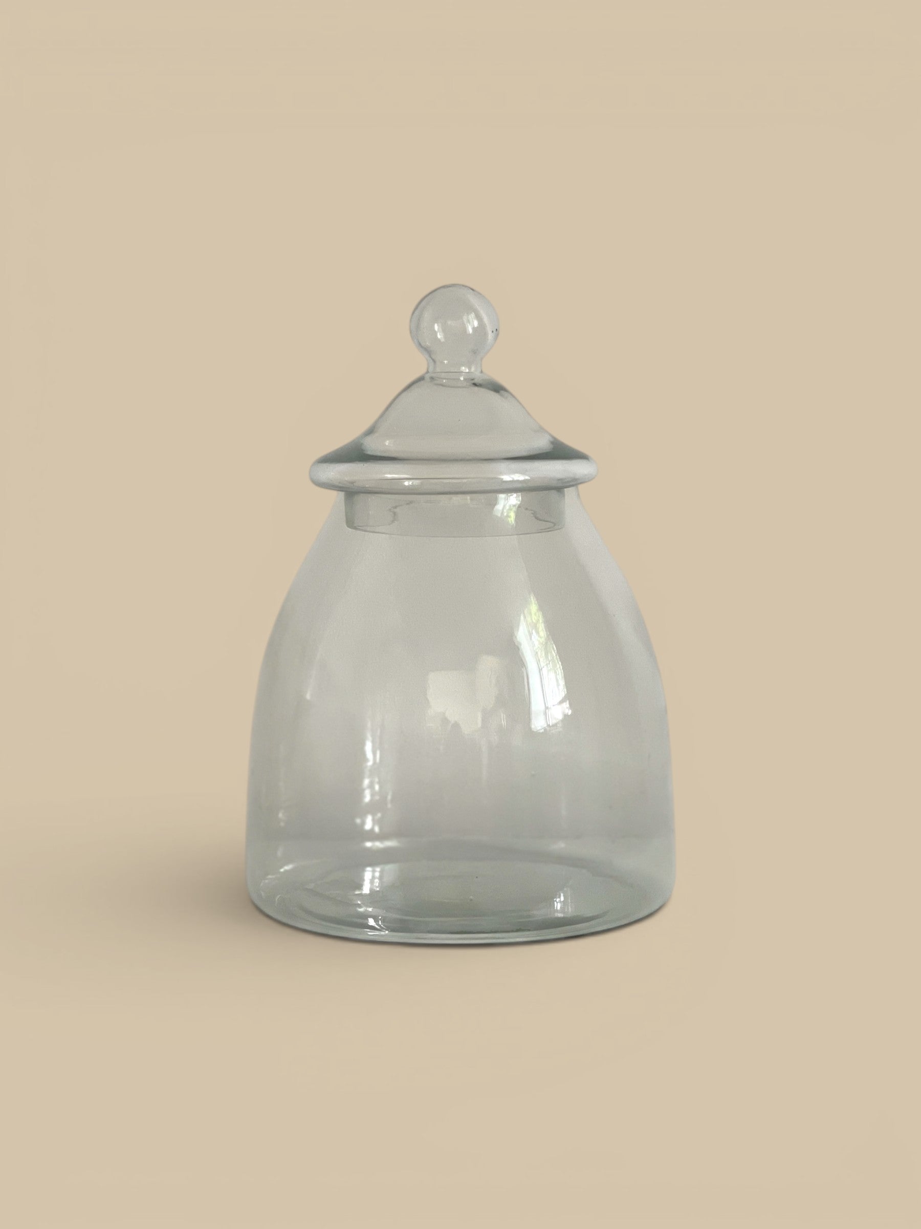 Homestyle Collective clear recycled glass vintage bon bon jar with lid, perfect for candy or display.