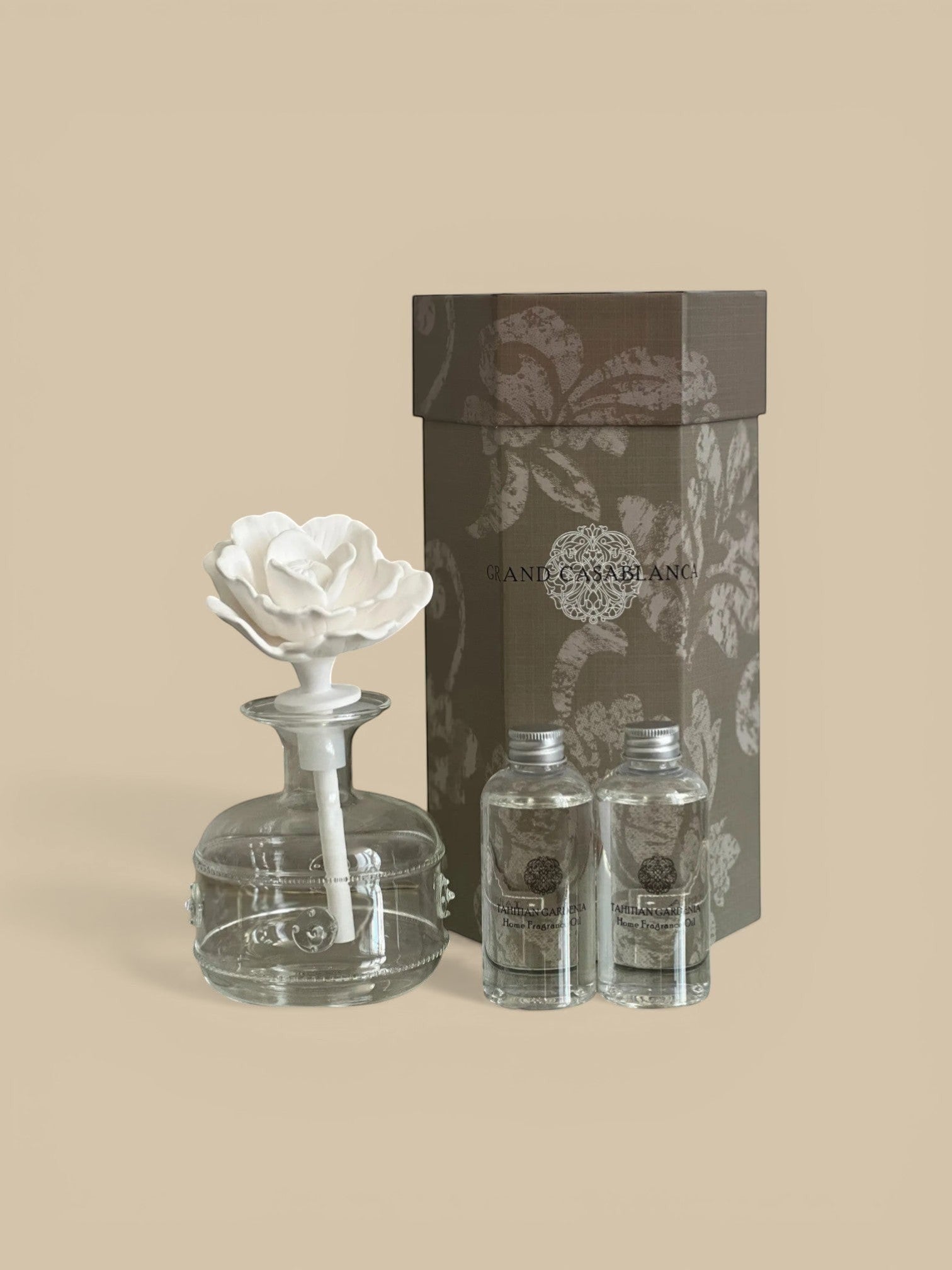 Homestyle Collective Grand Casablanca Tahitian Gardenia porcelain diffuser with glass bottle and fragrance oil.