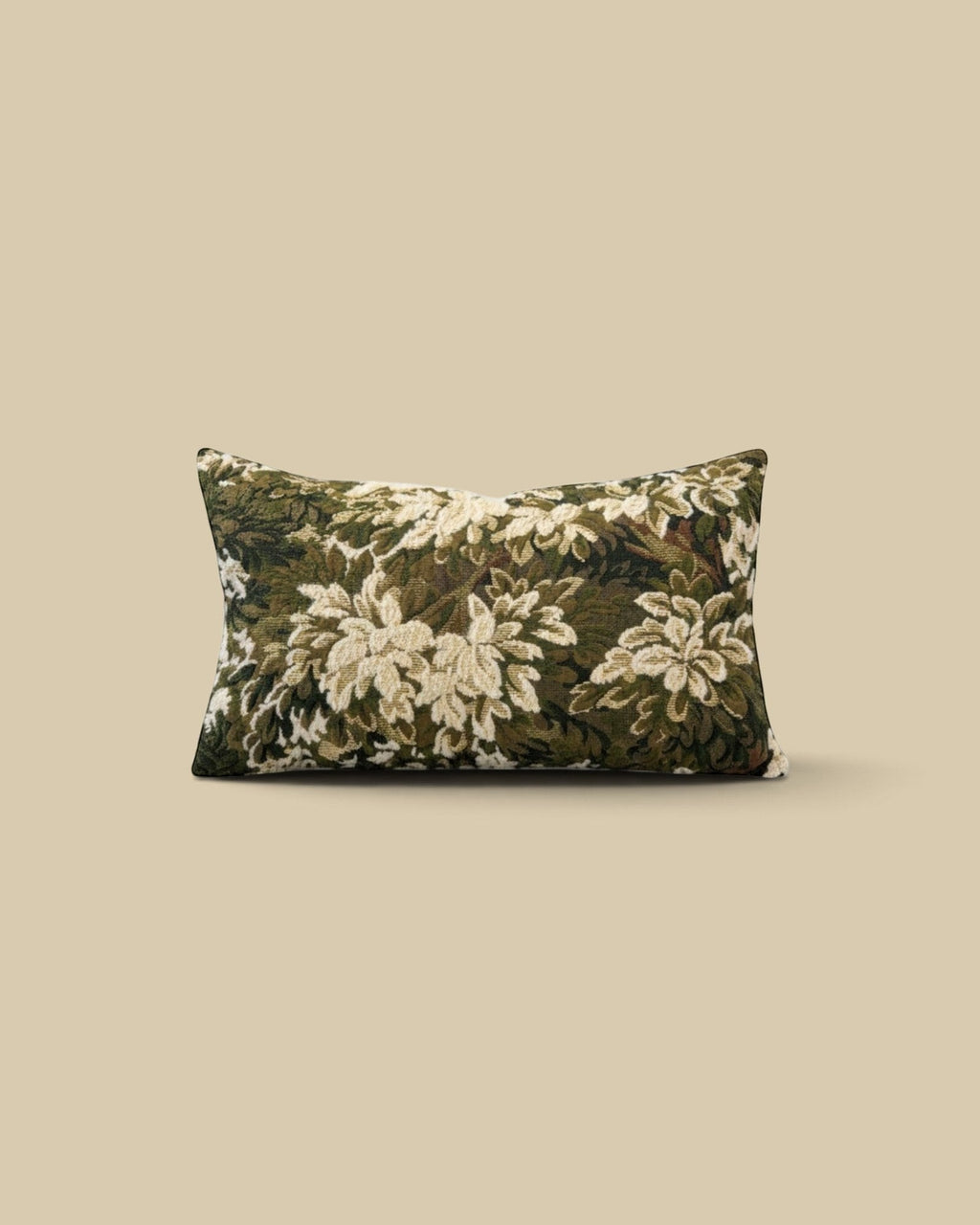 Homestyle Collective custom green floral tapestry throw pillow with vintage linen backing
