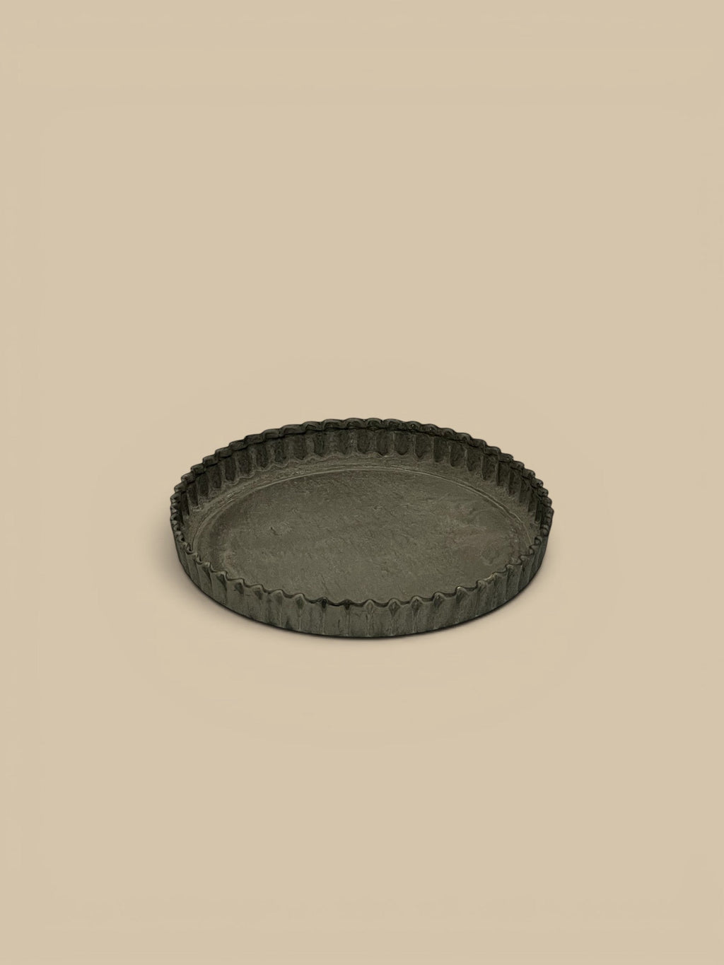 Homestyle Collective vintage-inspired grey metal tart tray with crimped edges, 7.5" L x 7.5" W.