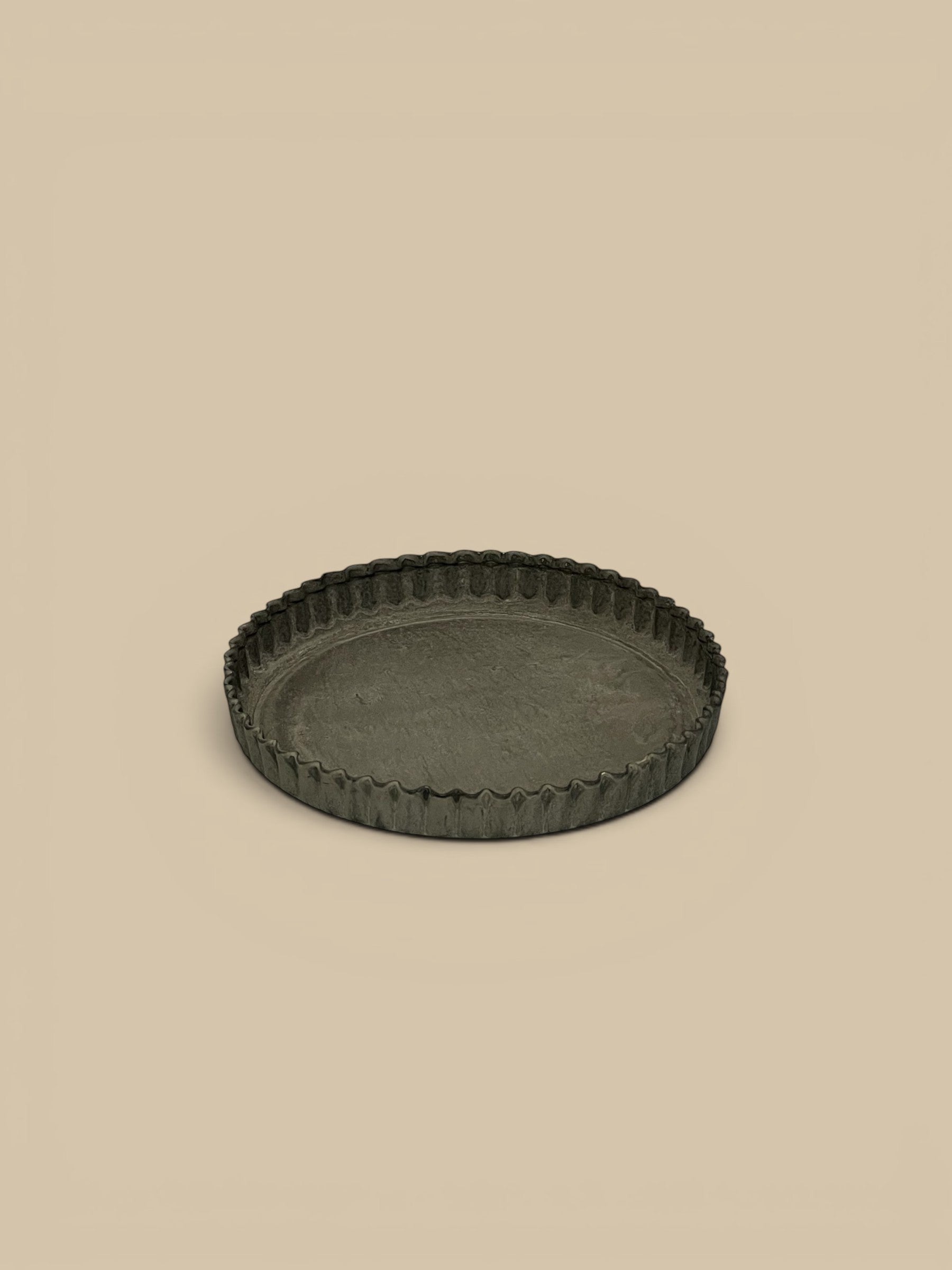 Homestyle Collective vintage-inspired grey metal tart tray with crimped edges, 7.5" L x 7.5" W.