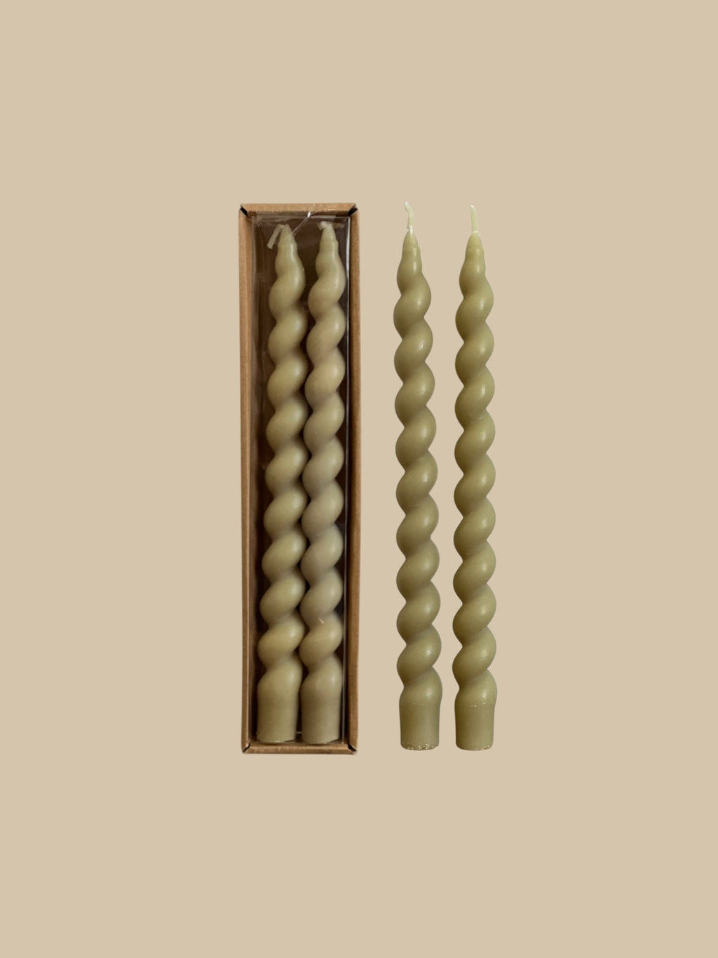 Homestyle Collective set of 2 unscented grey twisted taper candles, 10"H, with a smooth spiraled form.