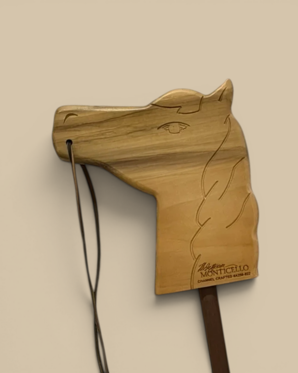 Homestyle Collective heirloom hobby horse made from Monticello tulip poplar wood with laser-engraved details.