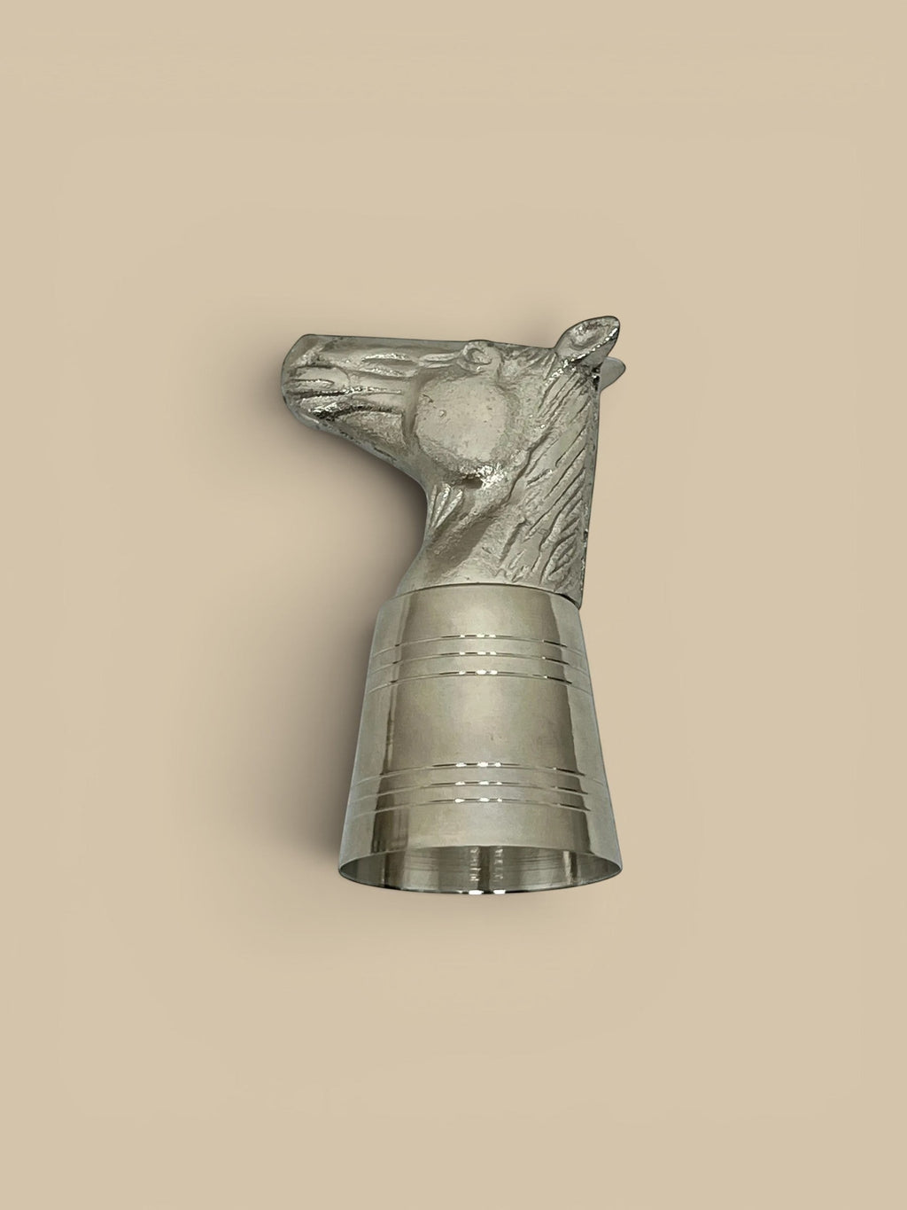 Homestyle Collective silver horse head shot glass with stainless steel body and decorative bands.