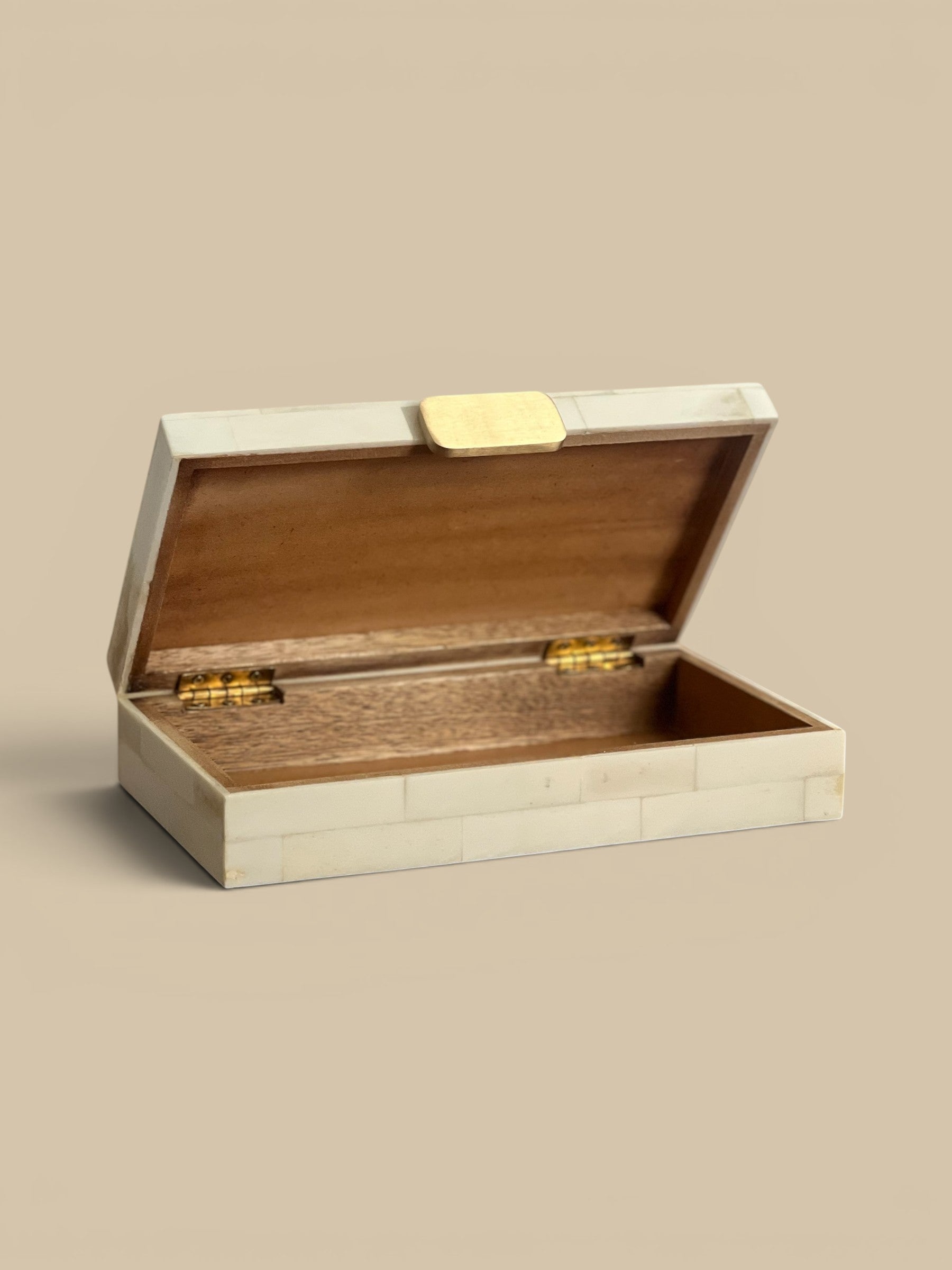 Homestyle Collective Ivory Bone Regency Decorative Box with brass handle and brick pattern. Hinged lid for storage.