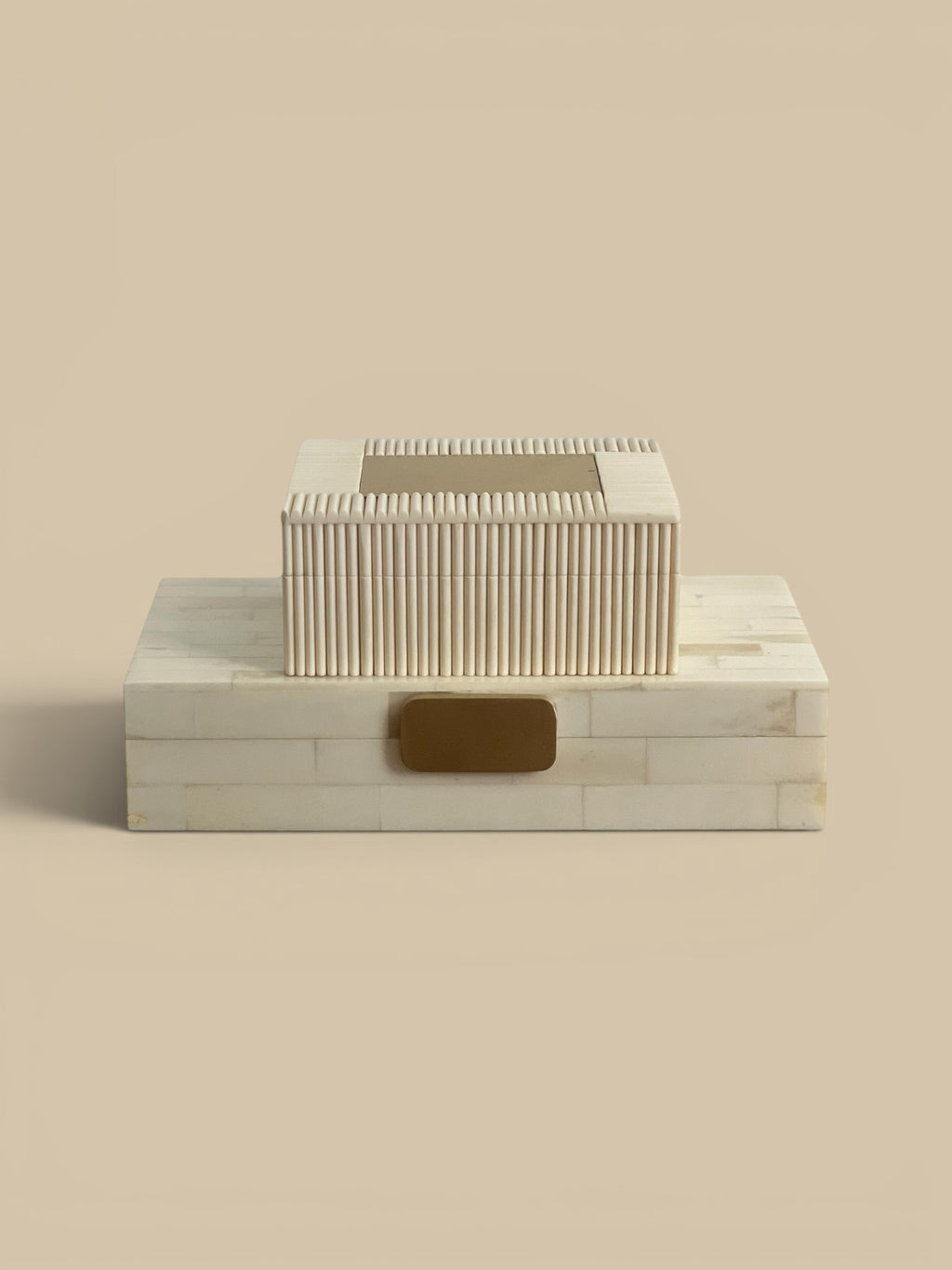 Homestyle Collective Ivory Bone Regency Decorative Box with brass handle, brick pattern, hinged lid.