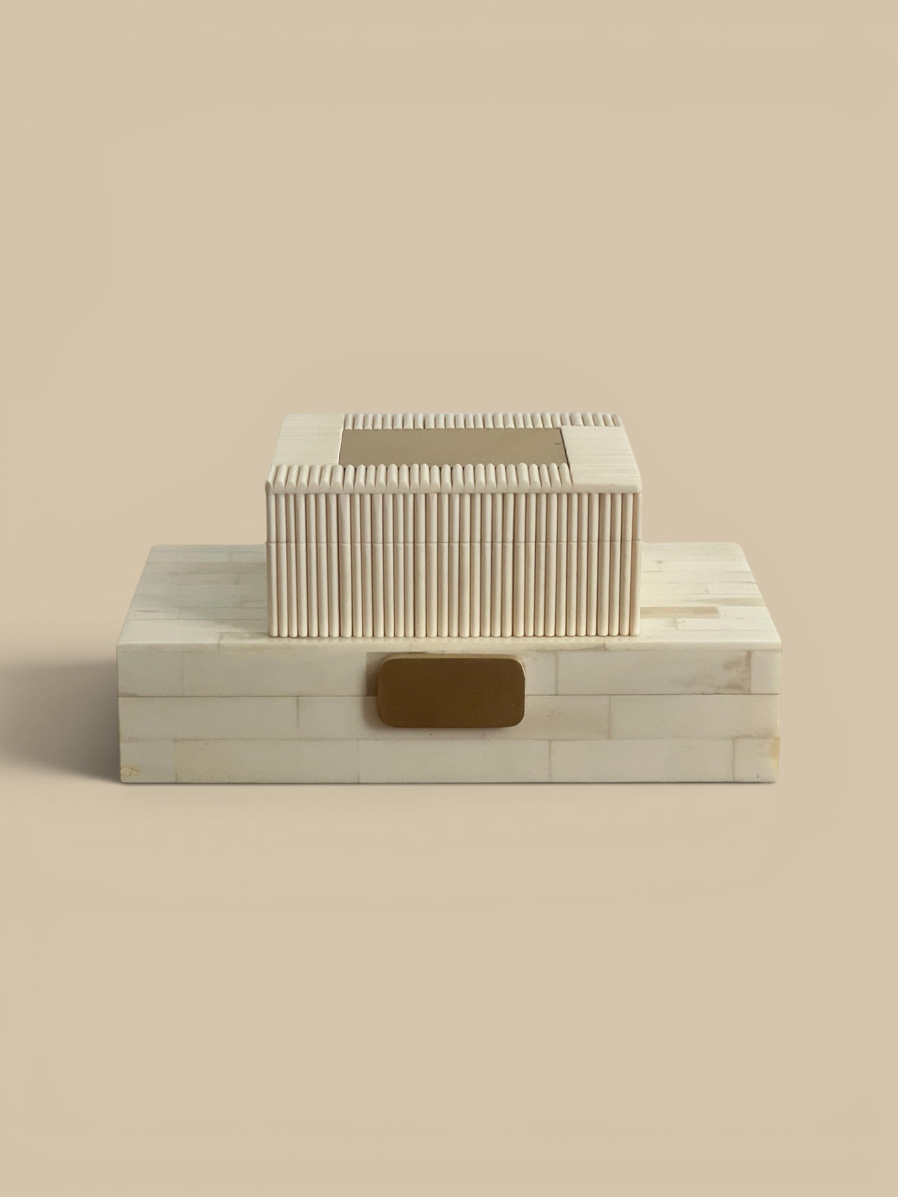Homestyle Collective Ivory Bone Regency Decorative Box with brass handle, brick pattern, hinged lid.
