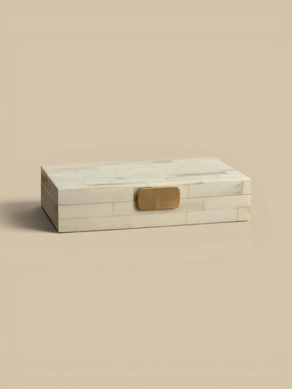 Homestyle Collective Ivory Bone Regency Decorative Box with brass handle and brick pattern.