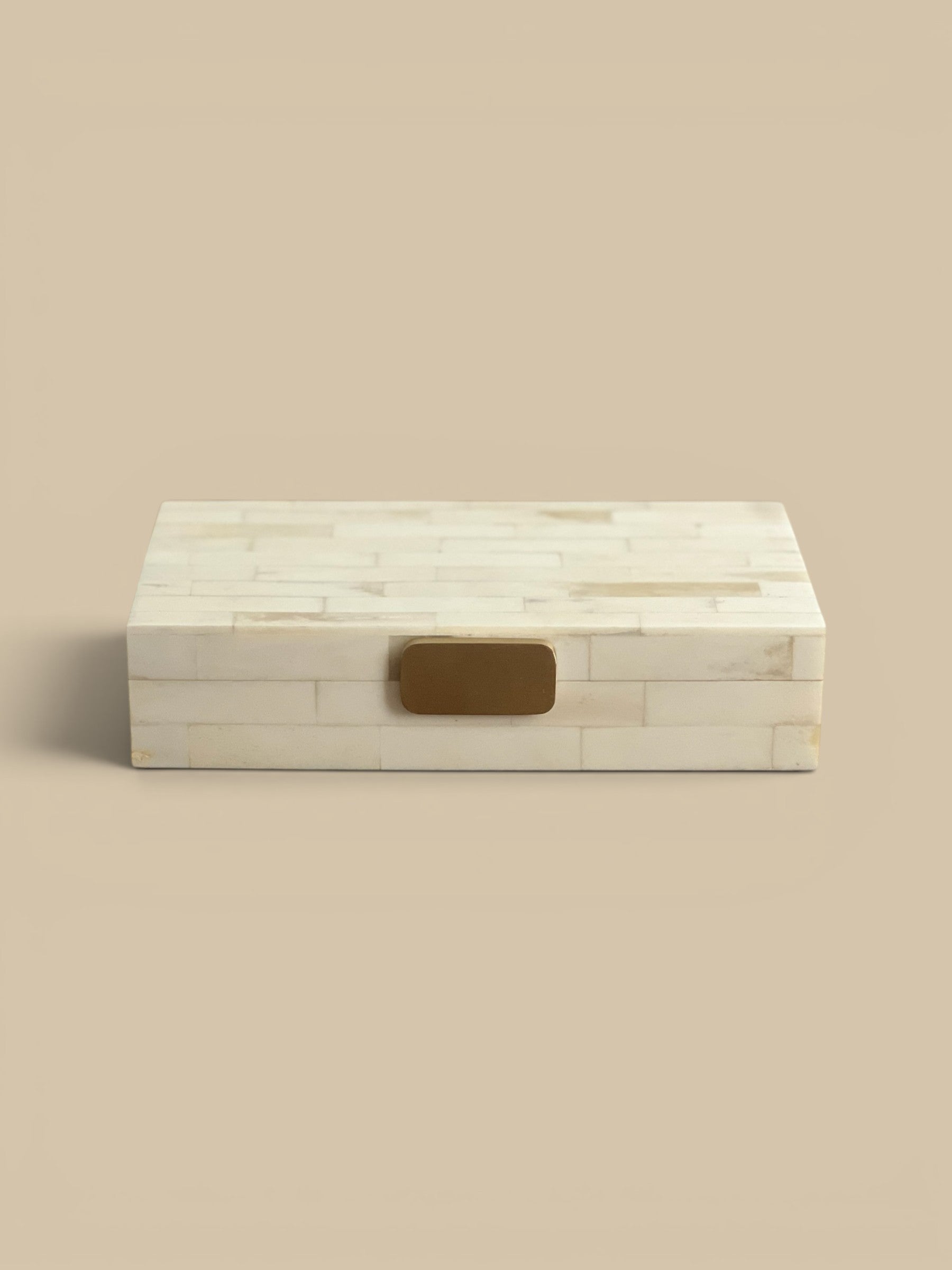 Homestyle Collective ivory bone decorative box with brass handle and brick pattern. Hinged lid for storage.