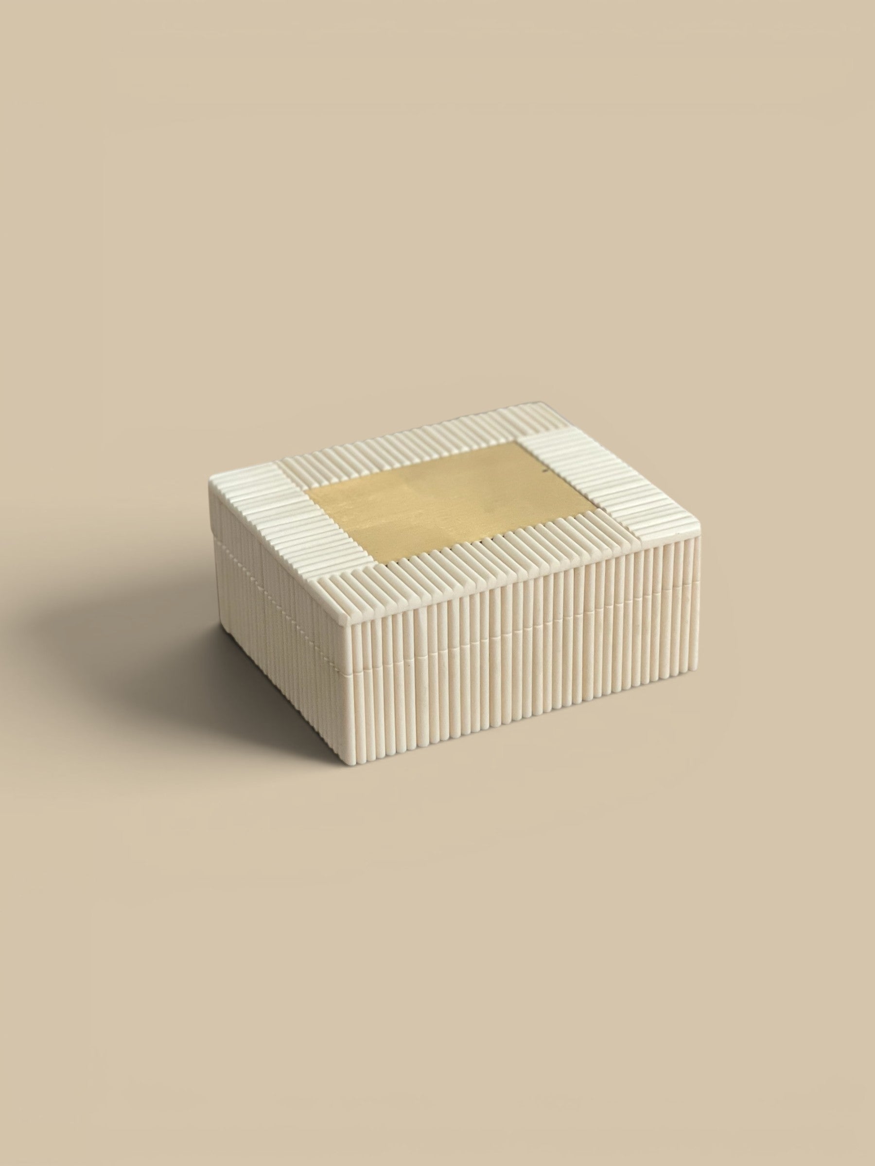 Homestyle Collective ivory bone accent box with ribbed exterior and smooth brass lid, perfect for decorative storage.