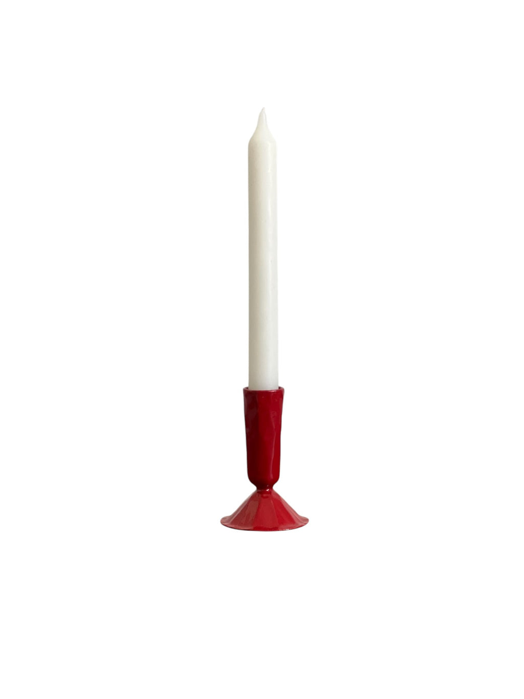 Homestyle Collective 9" ivory taper candle in a red candlestick holder. Hand-poured paraffin and palm wax with a cotton wick.