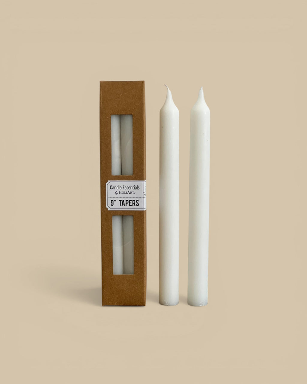 Homestyle Collective 9" ivory taper candles, unscented paraffin and palm wax blend with cotton wick, sold in a box of 4.