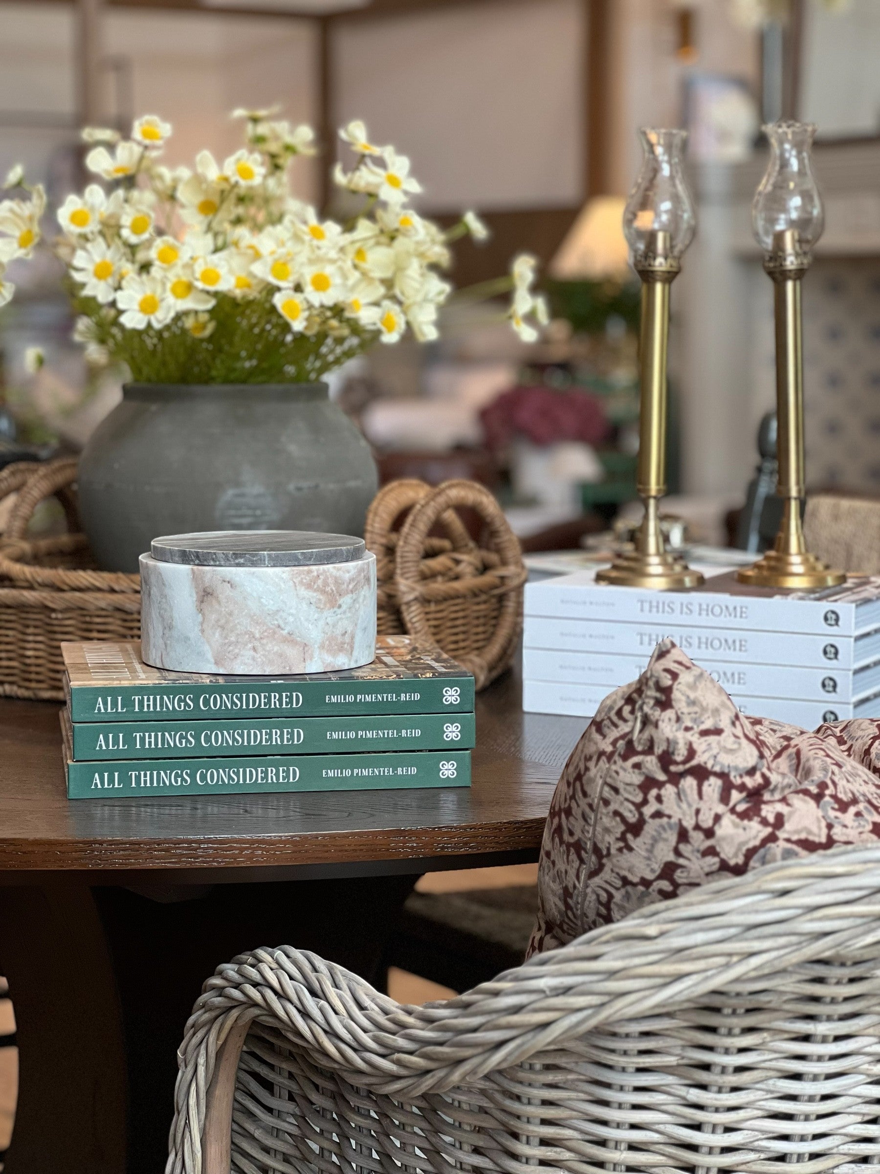 Homestyle Collective Jacqueline round lidded box in marble with brown veining. Refined accent for home office or bookshelf.
