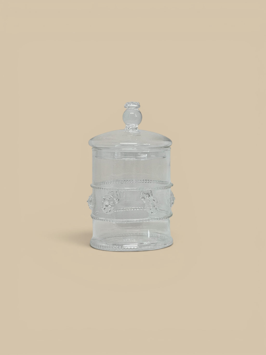 Homestyle Collective Juliet lidded glass jars, set of 2, clear glass with decorative rope and bead accents.