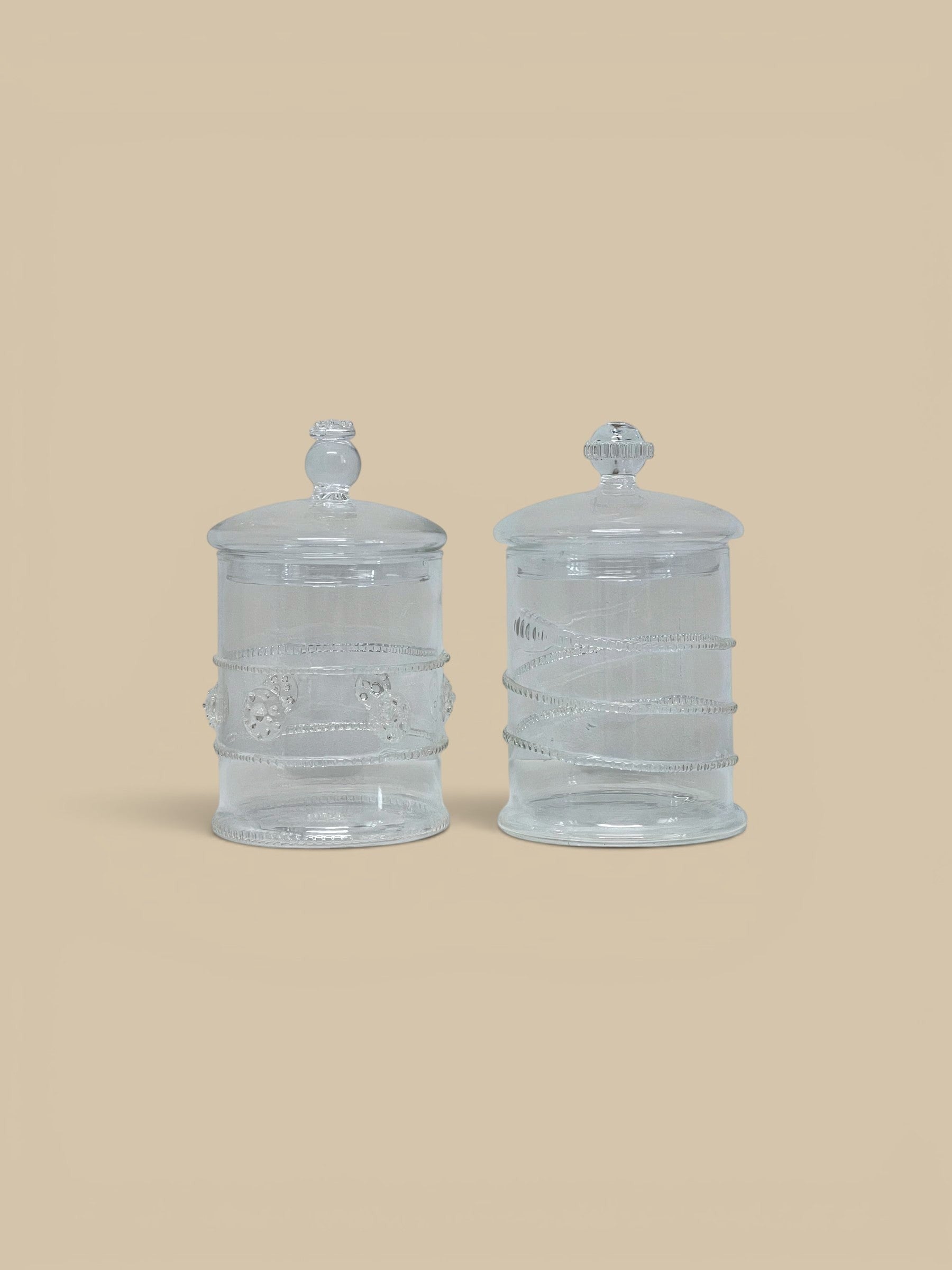 Homestyle Collective Juliet lidded glass jars set of 2, clear glass with decorative rope and bead details, 5.5" H.