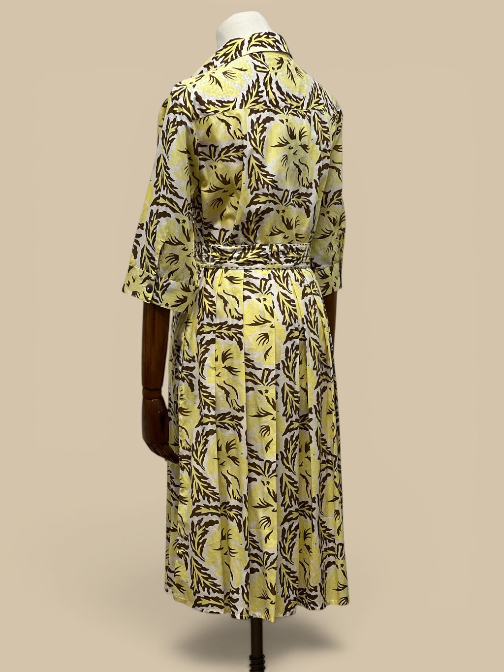 Homestyle Collective Kelly Capri Sun Dress, yellow floral block print 100% cotton with coconut buttons and contrast cuffs.