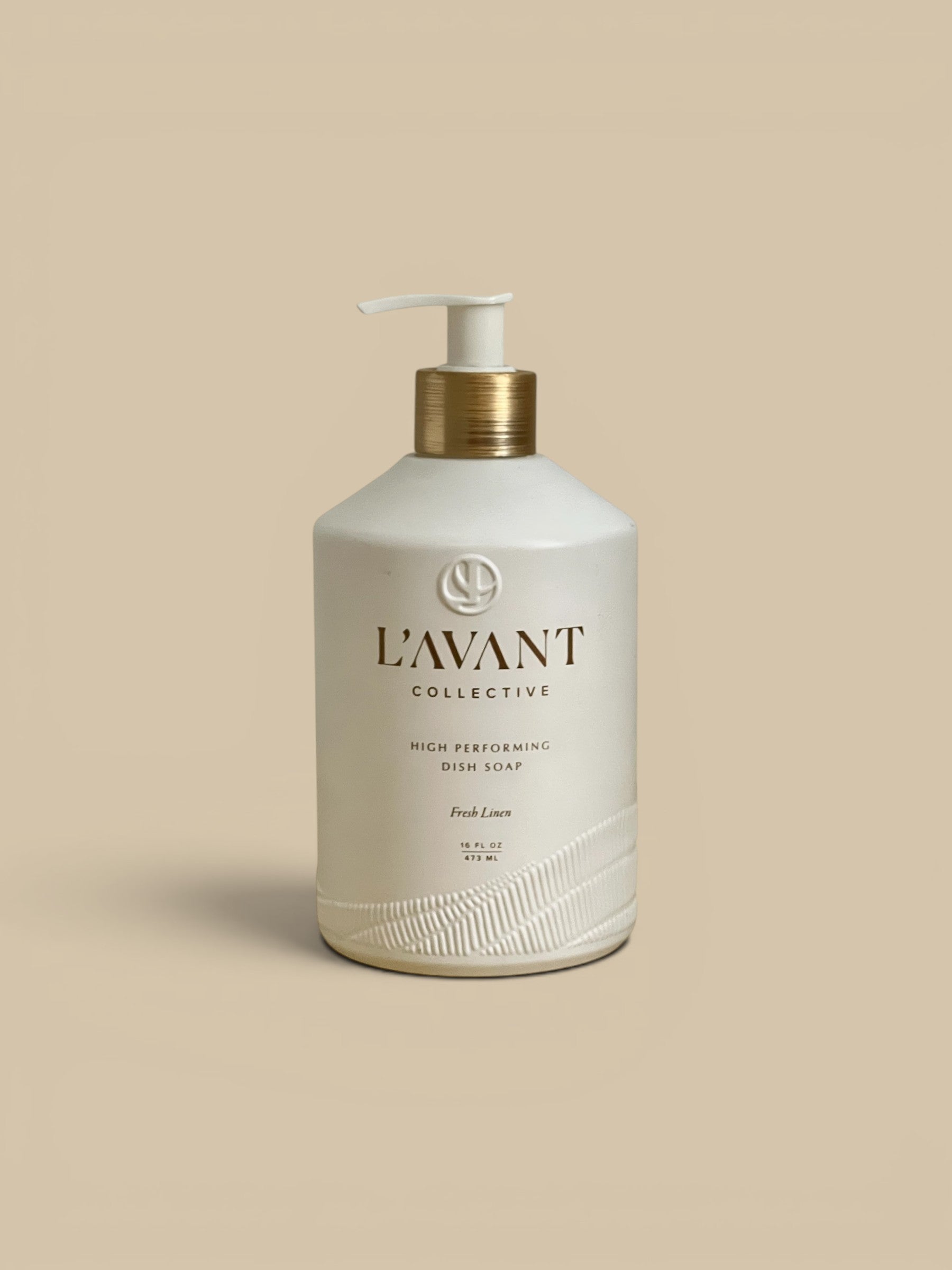 Homestyle Collective L'avant Collective matte white dish soap bottle with gold pump and Fresh Linen scent