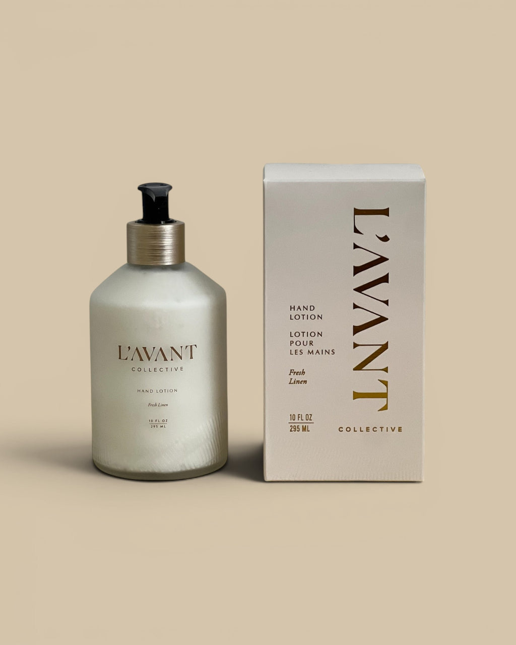 Homestyle Collective L'AVANT Hand Lotion in Fresh Linen scent, 10 fl oz glass bottle with pump and box.