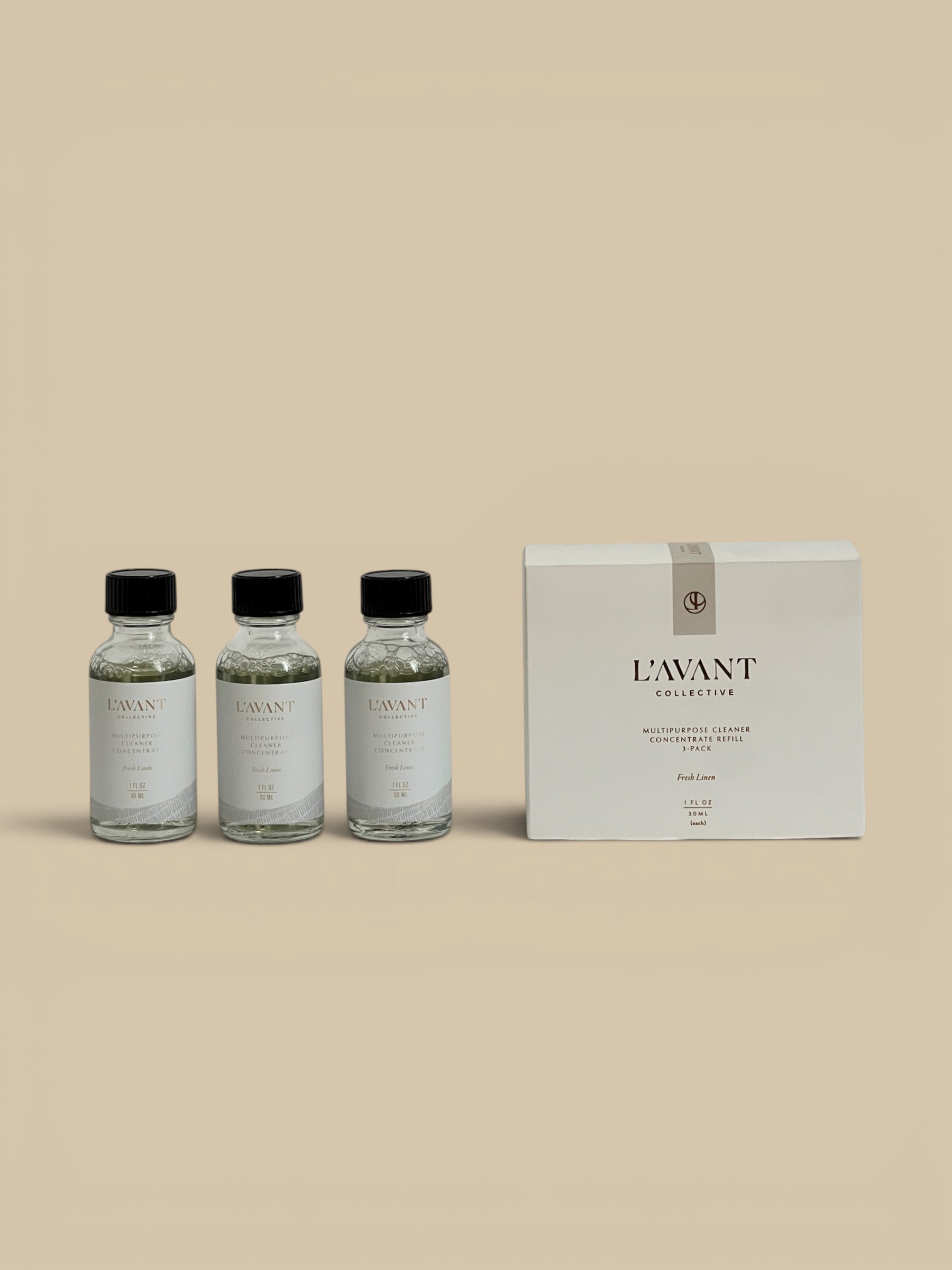 Homestyle Collective L'avant Multipurpose Surface Cleaner Refill 3 pack, Fresh Linen scent, 1 oz glass bottles