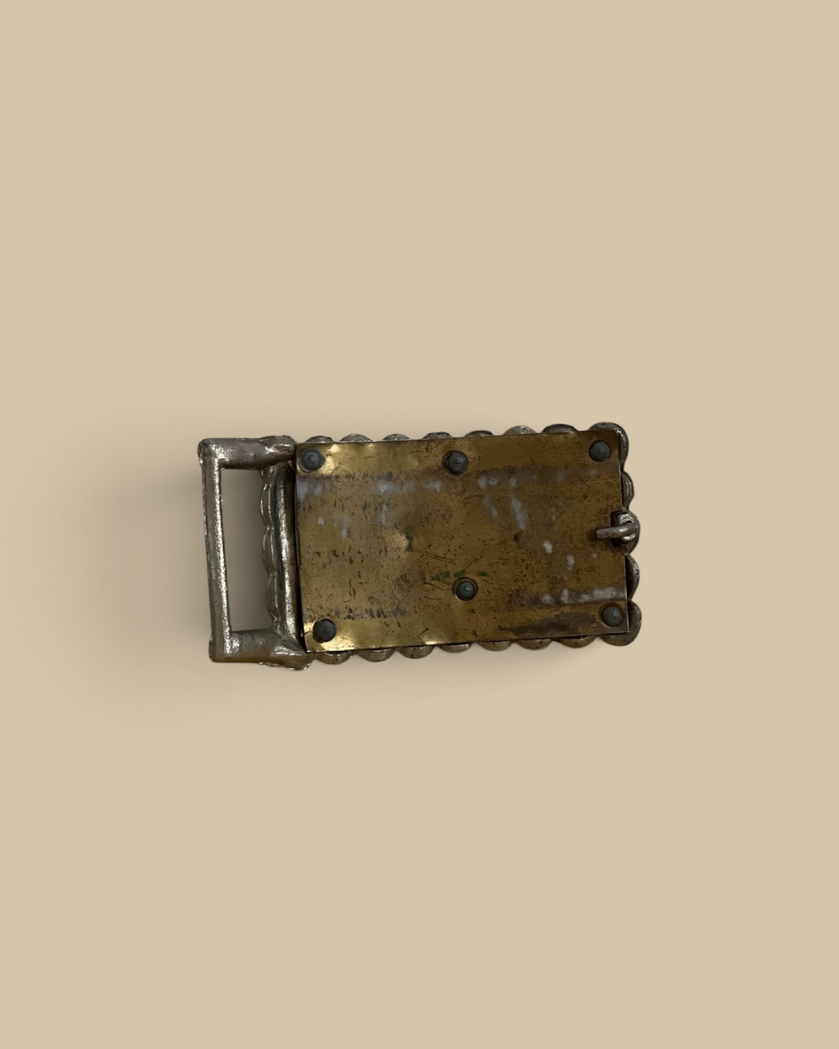 Homestyle Collective cast iron and resin longhorn belt buckle back view showing brass plate and metal hardware