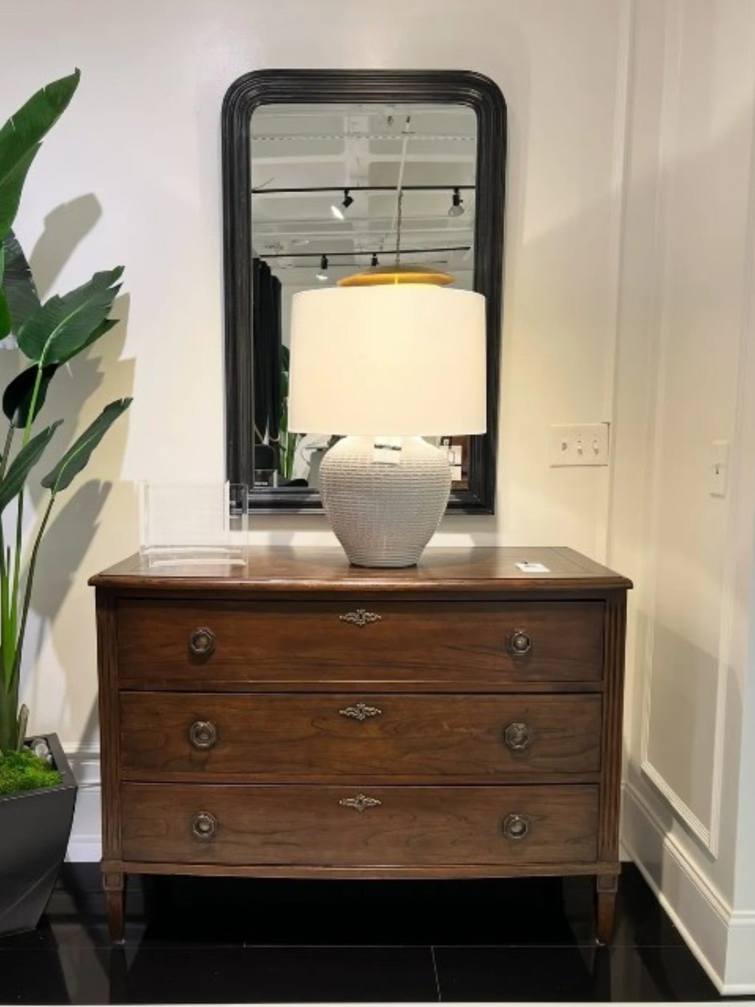 Homestyle Collective Louis Mirror with black frame and European elegance. Solid hardwood construction, 34"W x 48"H.