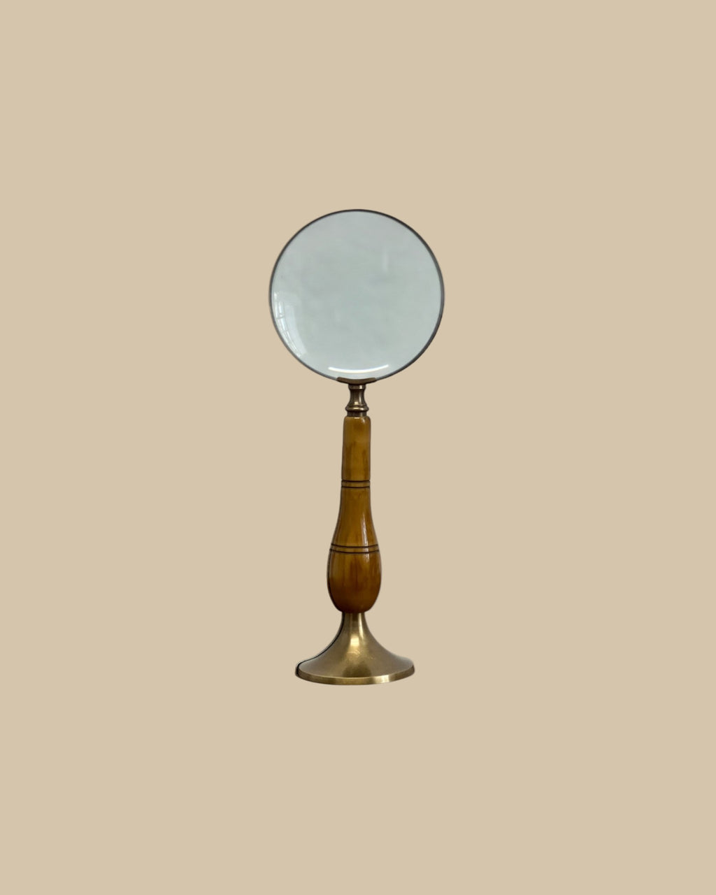 Homestyle Collective vintage-style magnifying glass with carved bone handle, brass base, and wooden stem. Decorative accent.