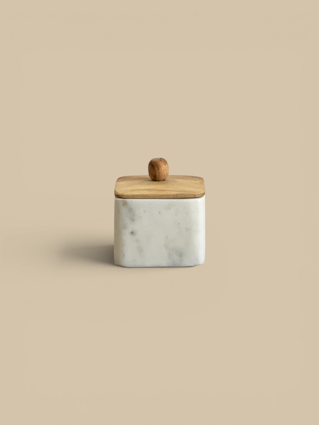 Homestyle Collective white marble square container with acacia wood lid and knob. Ideal for salt, spices, or jewelry.