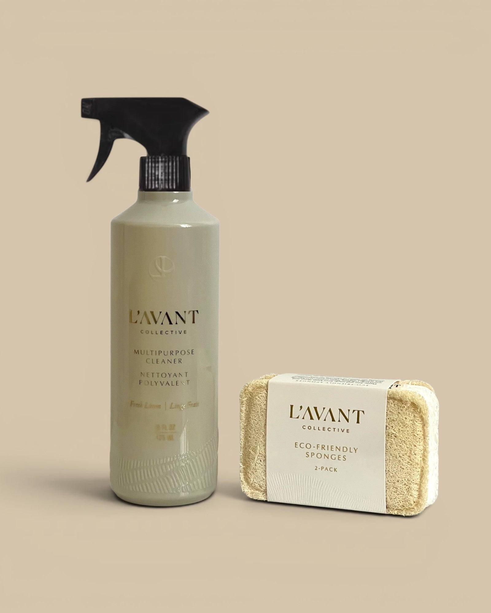 Homestyle Collective L'avant Multipurpose Cleaner in Fresh Linen scent. White recycled plastic bottle with black trigger sprayer.