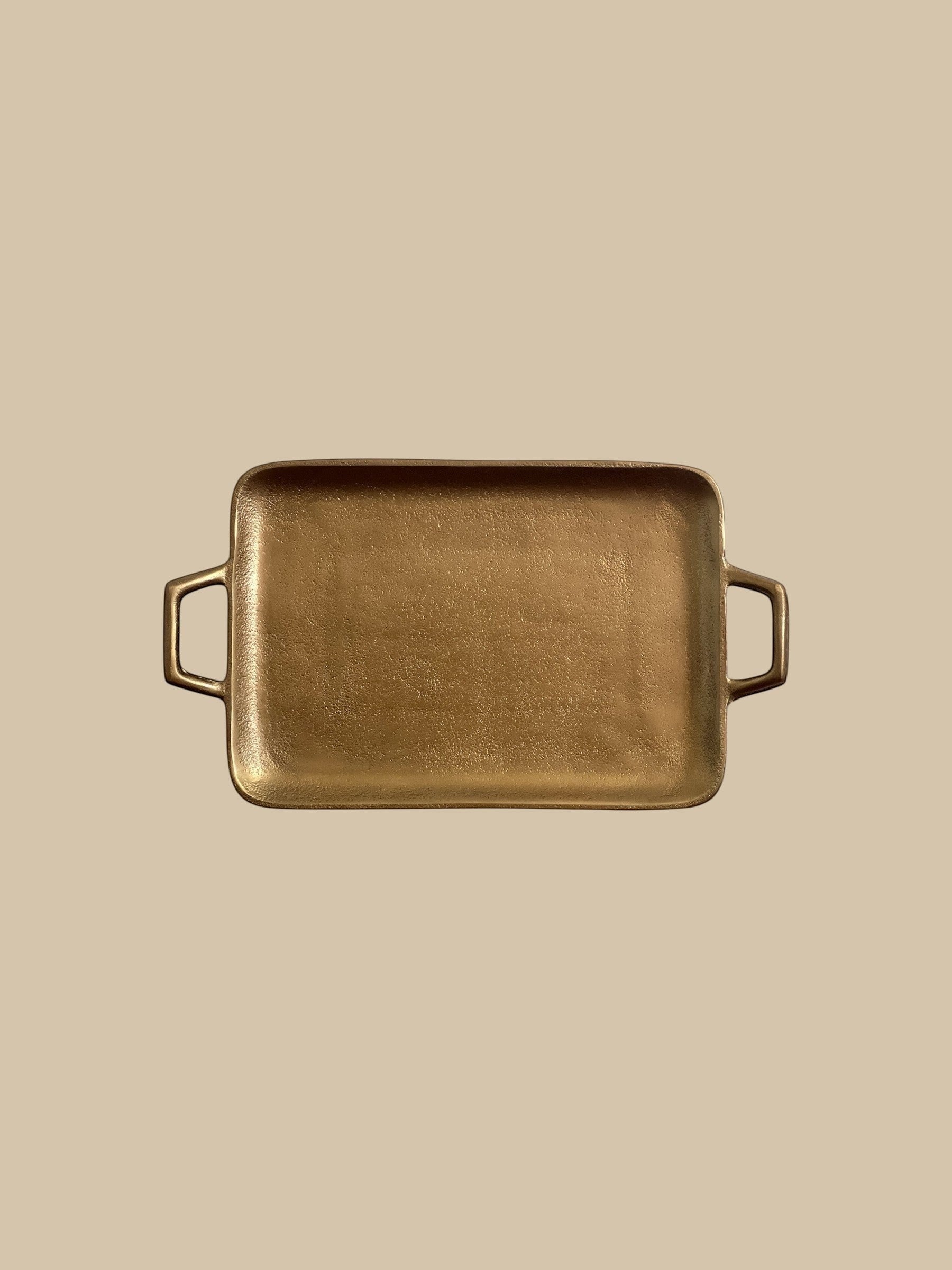 Homestyle Collective Murray brass tray with handles, cast aluminum, shallow profile, versatile for vanity, bar, or coffee table.