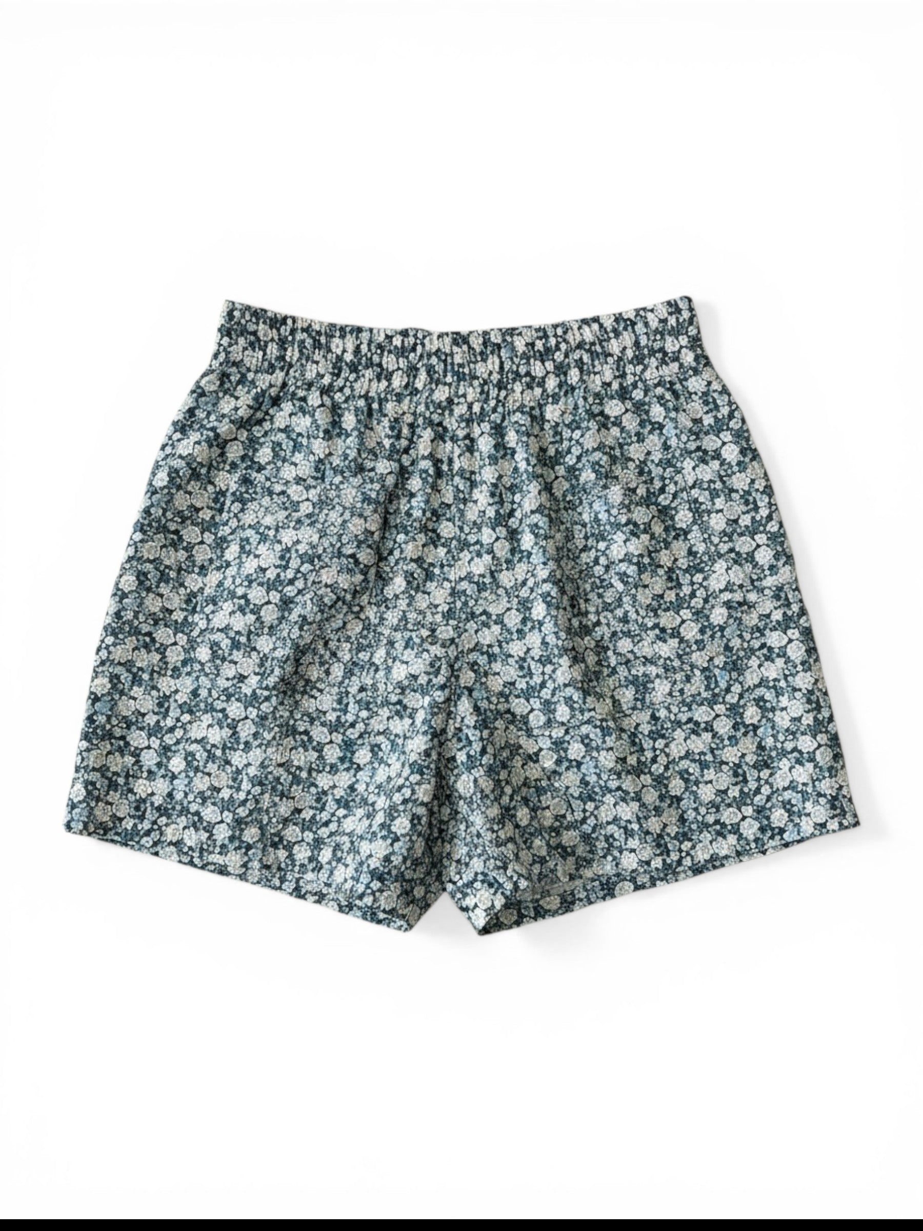 Homestyle Collective navy blue floral print 100% cotton shorts with elastic waistband and 3" inseam.