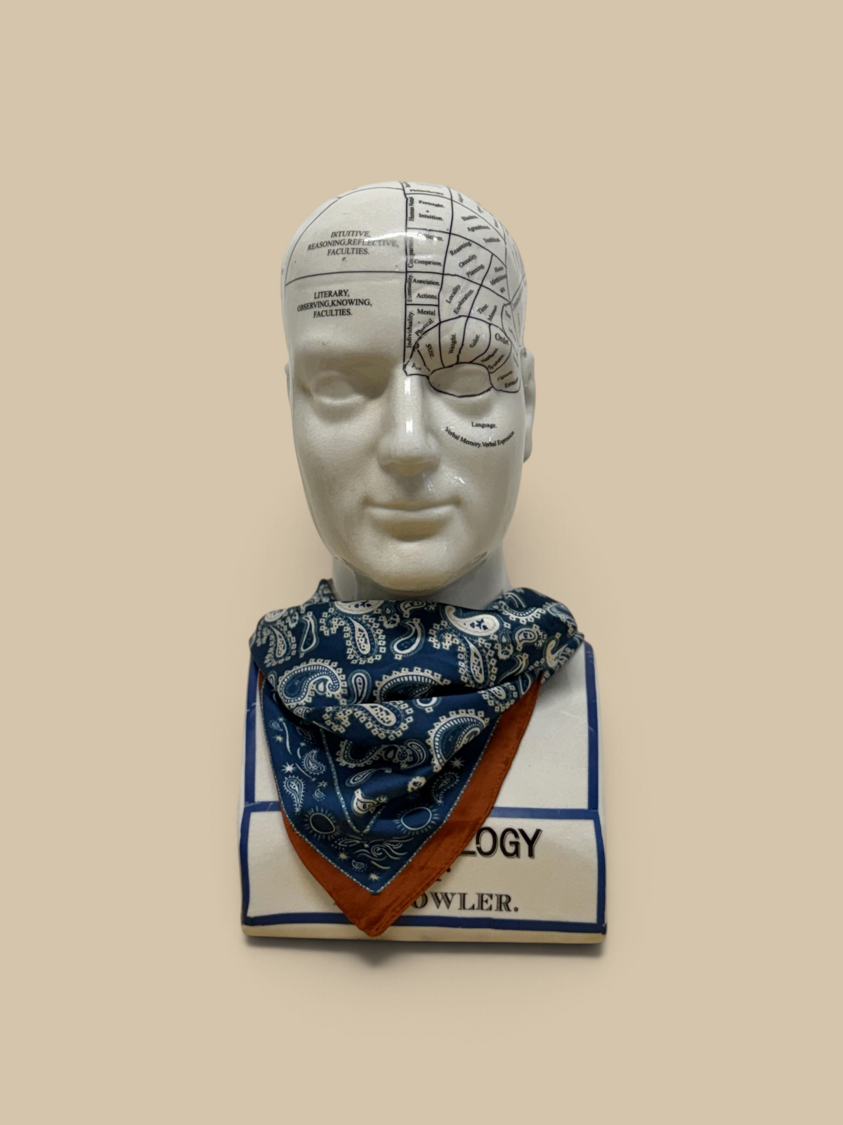 Homestyle Collective navy paisley silk neckerchief scarf with magnetic pearl closure on a phrenology head bust