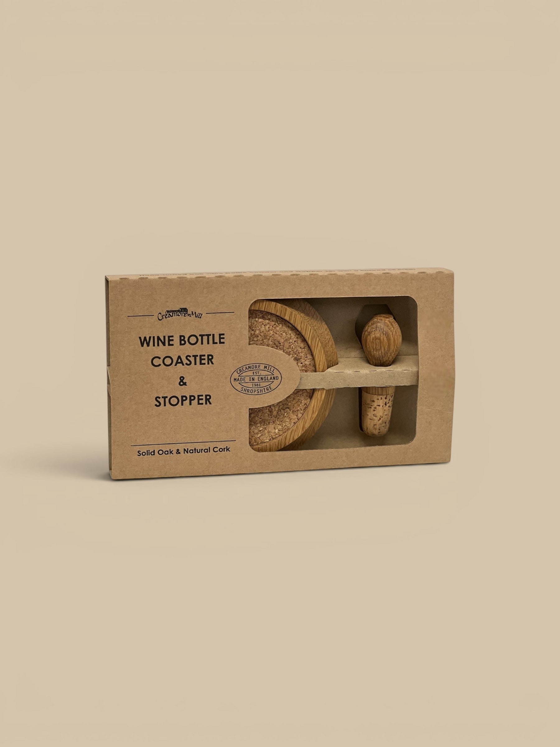Homestyle Collective Oak Wine Coaster & Stopper Set, natural cork and solid oak construction, protects surfaces from wine rings.
